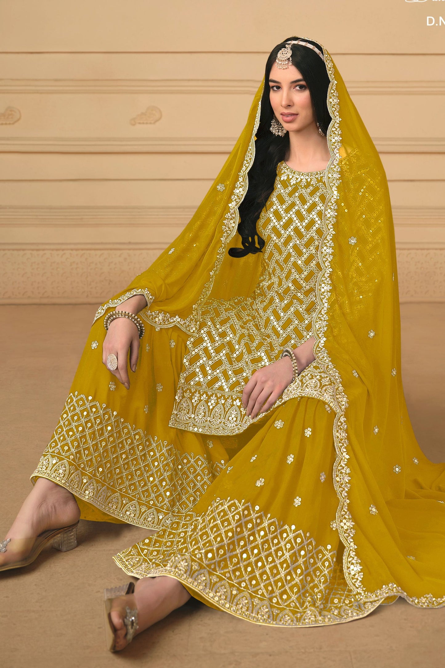 Golden Georgette Sharara Suit - Embroidery Work
