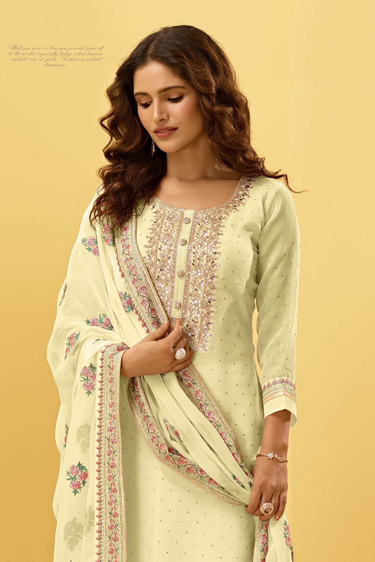 Yellow Georgette salwar suit - Thread Embroidery Work, Swarovski Work