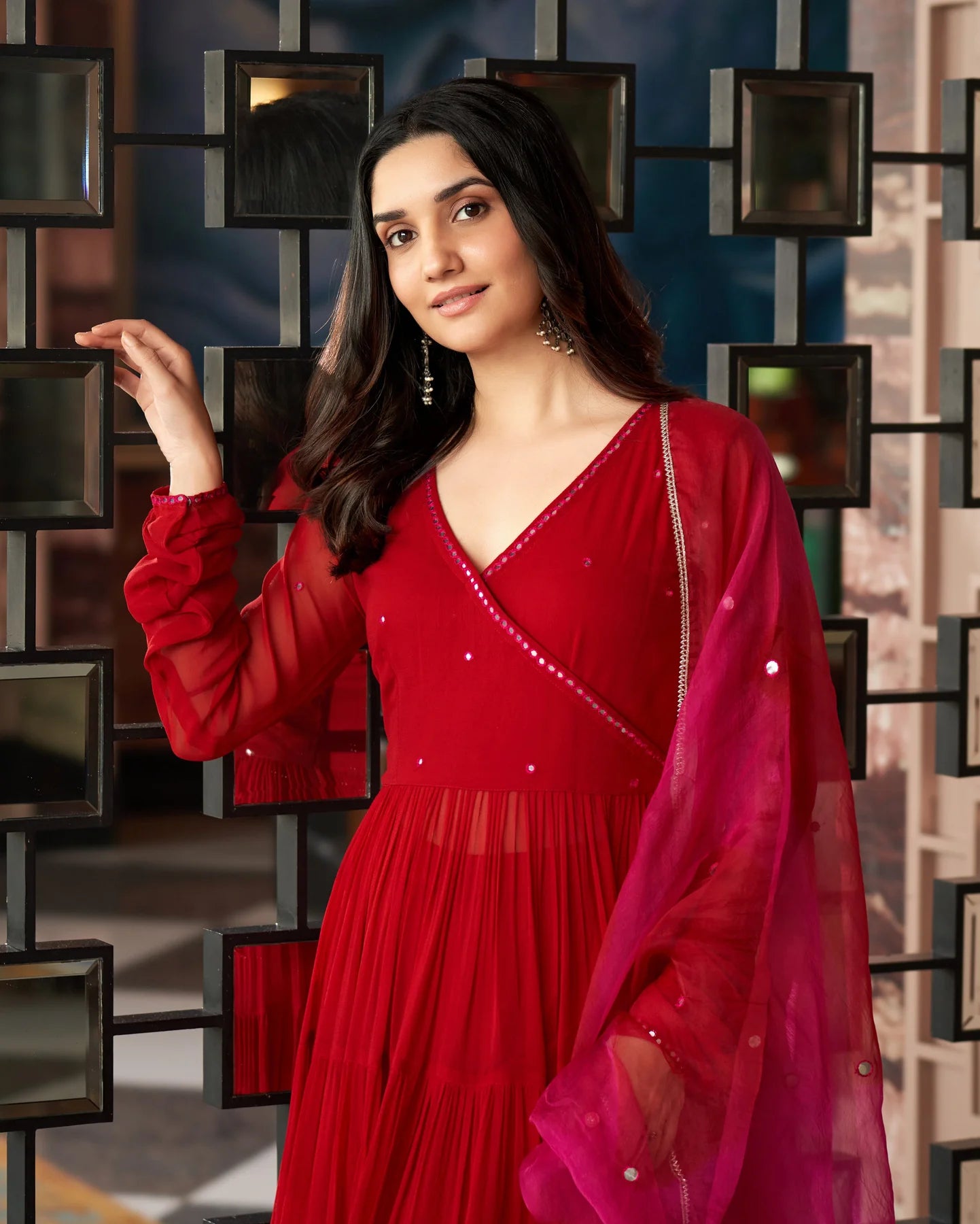Stitched Anarkali Georgette Suit Set + Dupatta : Red