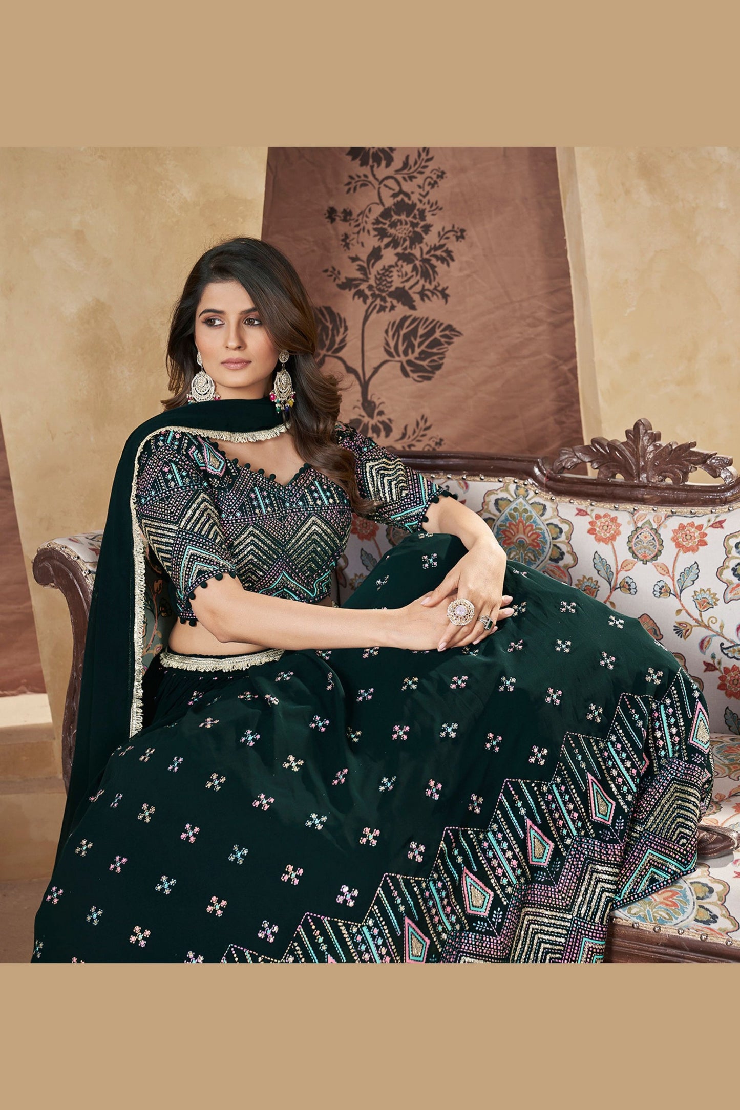 Green Georgette Lehenga Choli For Festivals & Weddings - Thread Embroidery Work, Foil Mirror Work