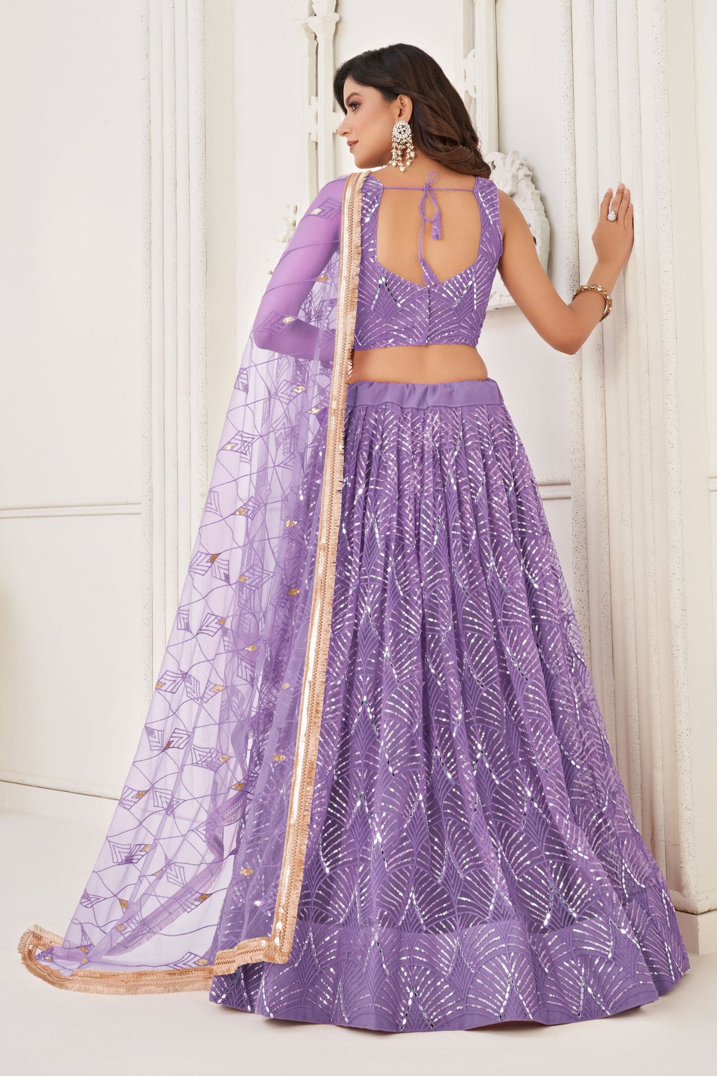 Purple Net Embroidered Lehenga Choli For  Festival & Weddings - Embroidery Work