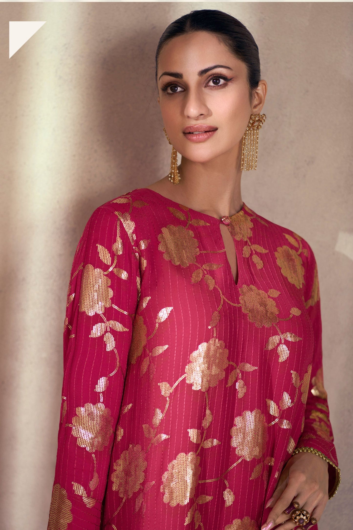 Dark Pink Georgette Plazo With Kameez Suit - Embroidery Work