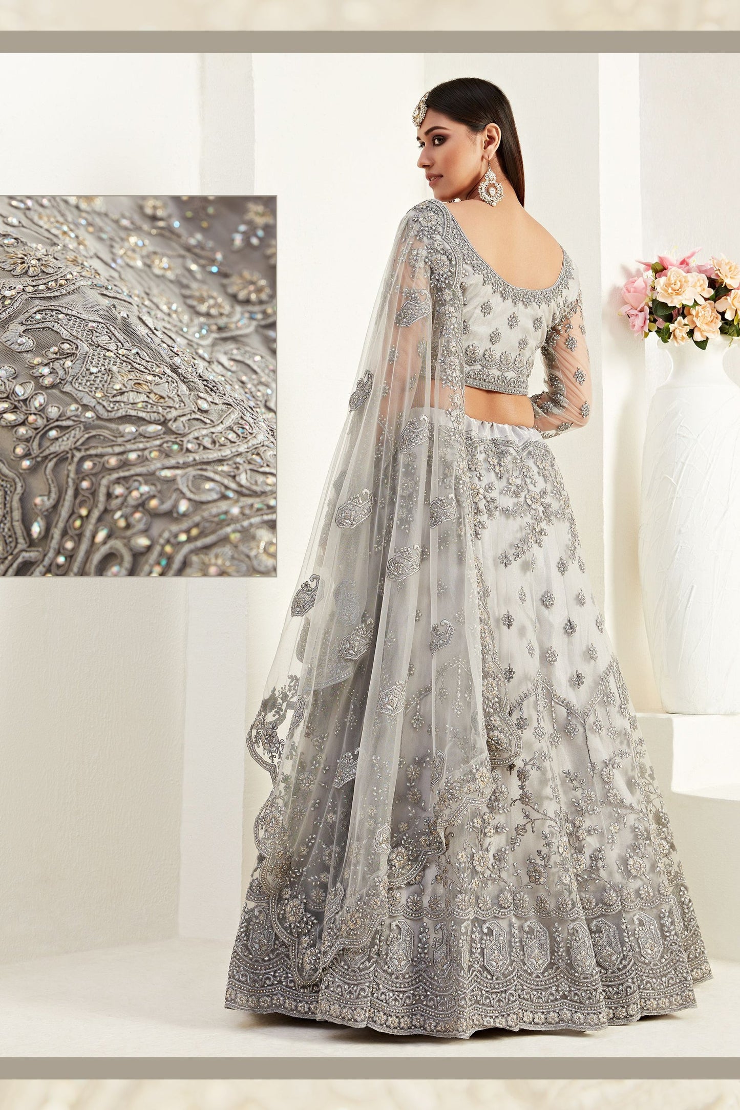 Grey Net Lehenga Choli For Festivals & Weddings - Thread Embroidery Work, Codding Embroidery Work, Butta Work, Stone Work