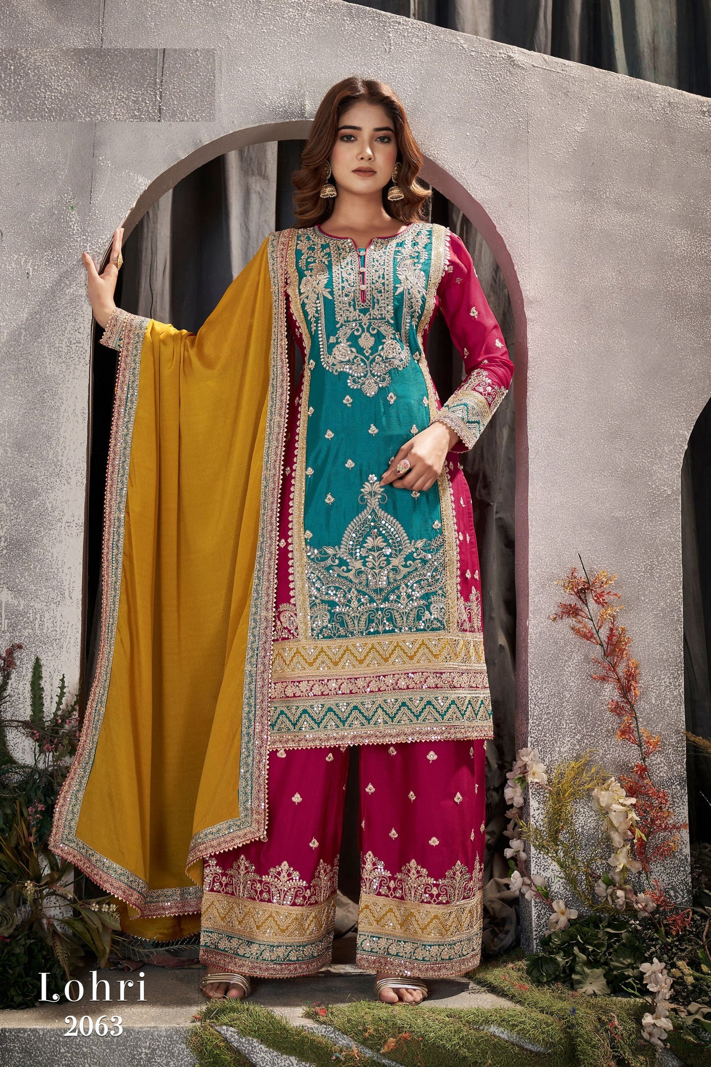 Turquoise Chinon Silk Plazo Suit - Sequence Embroidery Work, Mirror Work