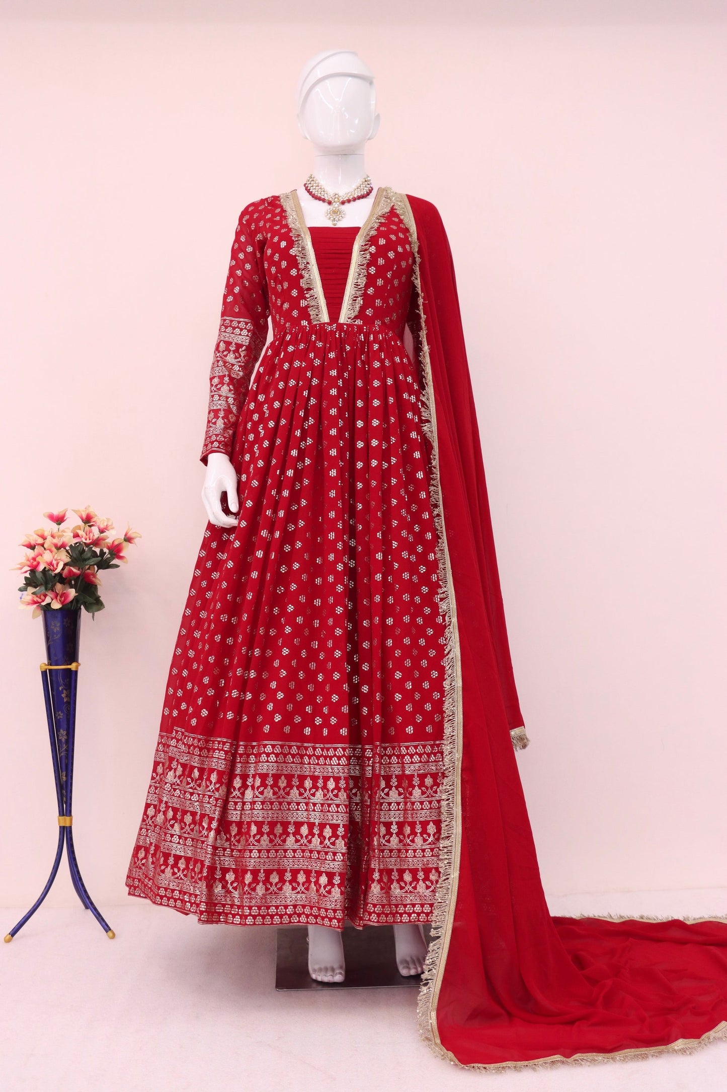Red Georgette Full Length Anarkali Suit For  Festivals &  Weddings - Metallic Foil Work