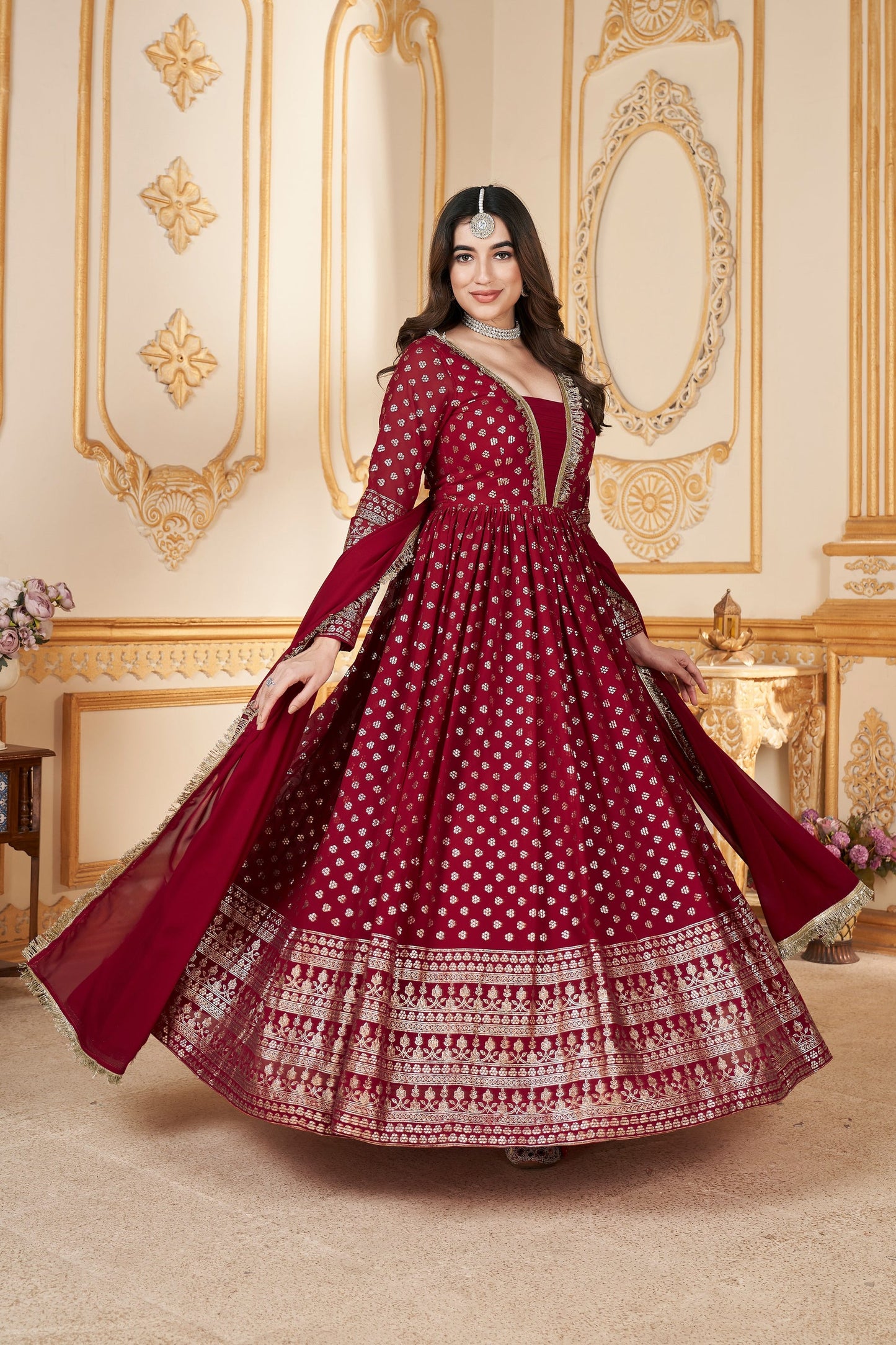 Red Georgette Full Length Anarkali Suit For  Festivals &  Weddings - Metallic Foil Work