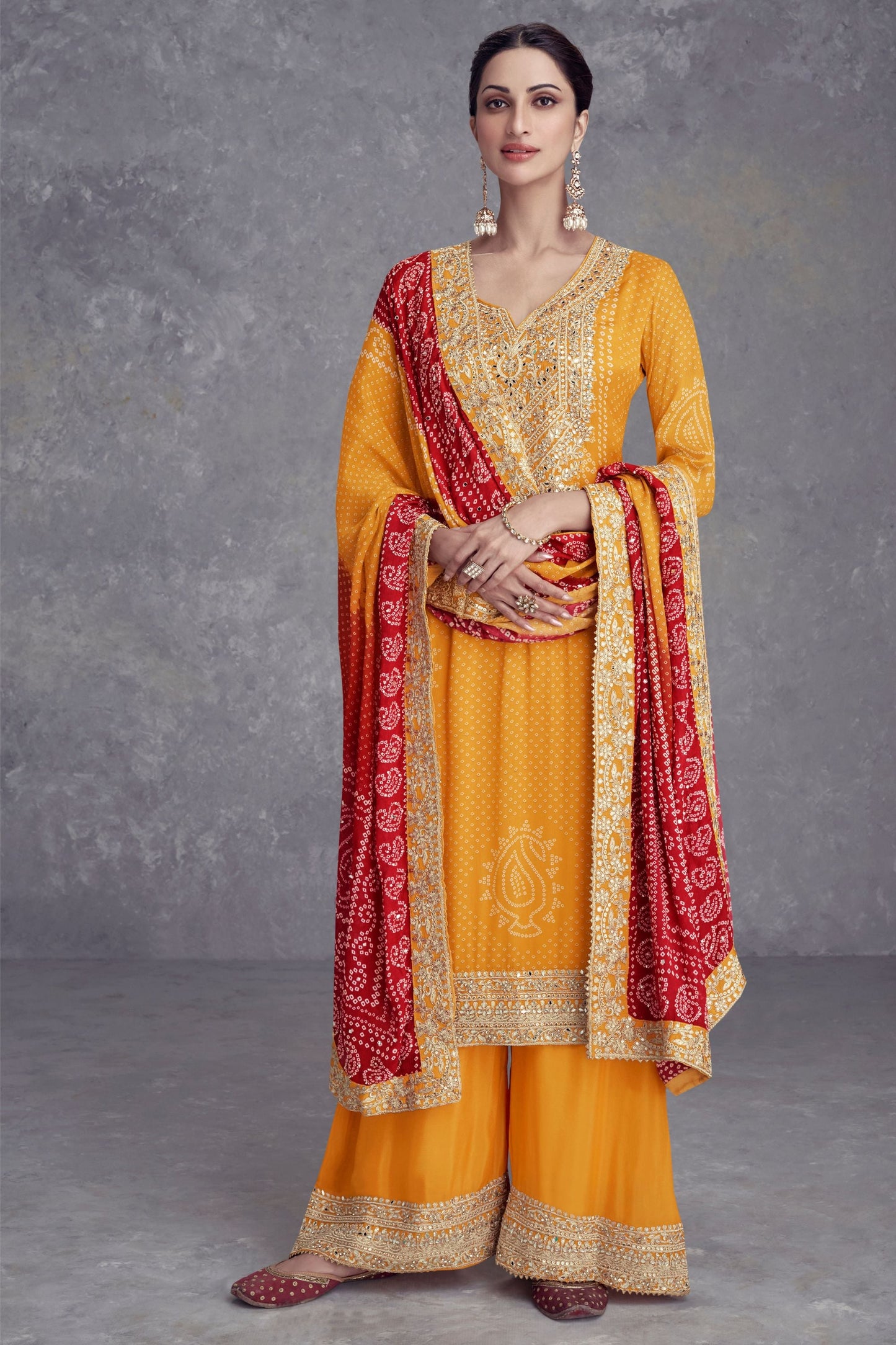 Yellow Chinon Silk Bandhani Style Patter Palazzo Suit For Indian Festivals & Weddings - Embroidery Work, Mirror Work, Print Work