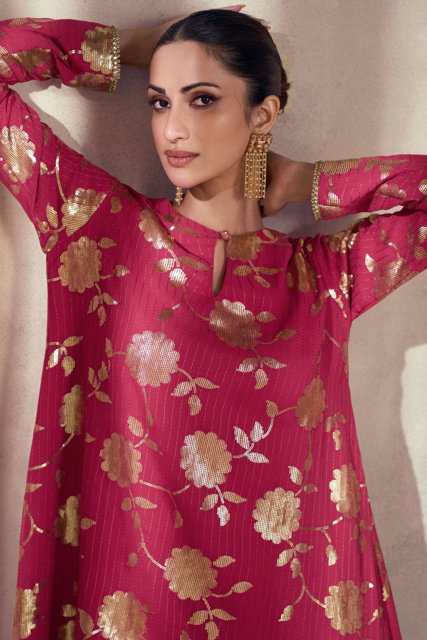 Dark Pink Georgette Plazo With Kameez Suit - Embroidery Work