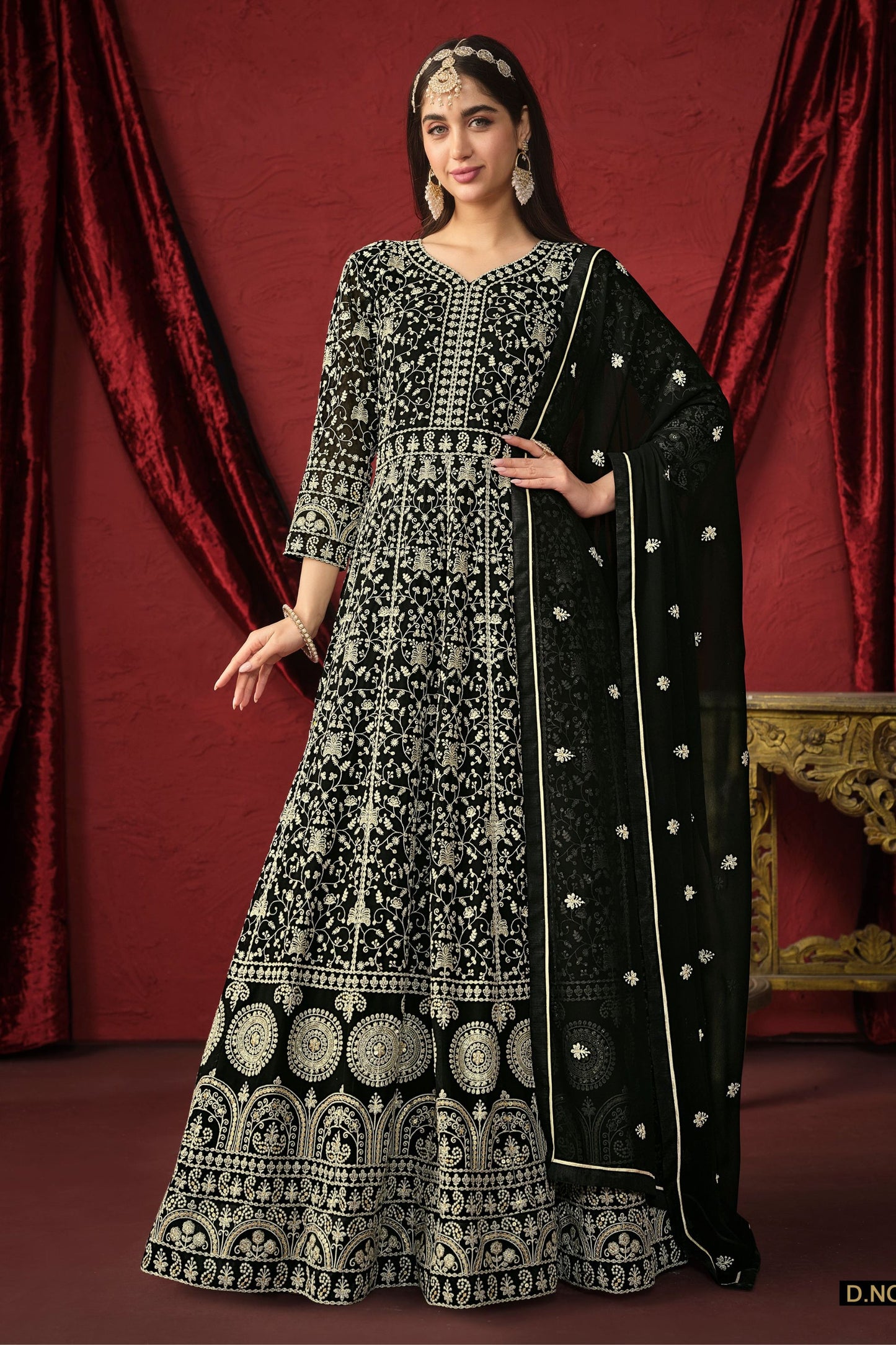 Black Georgette Full Floor Length Anarkali Gown For  Festivals & Weddings - Thread Embroidery Work