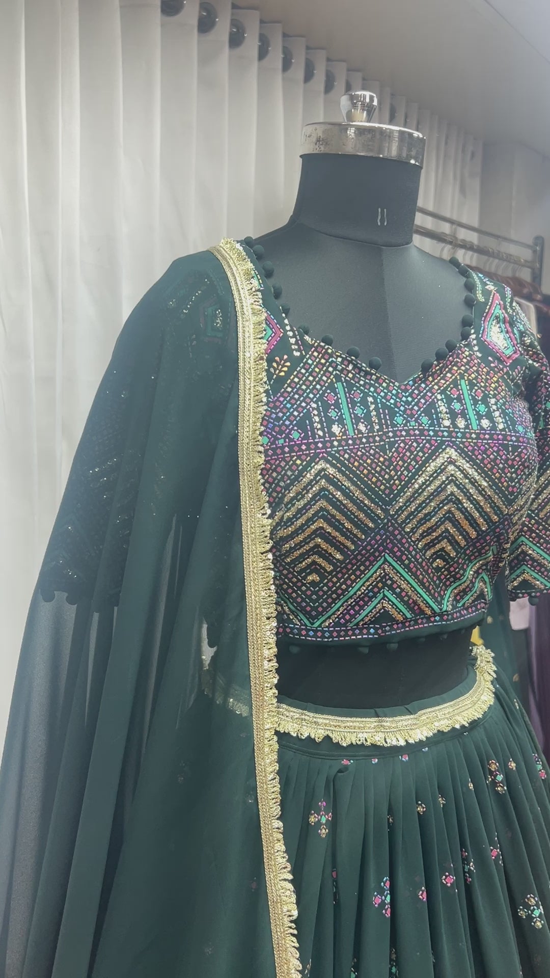 Green Georgette Lehenga Choli For Festivals & Weddings - Thread Embroidery Work, Foil Mirror Work