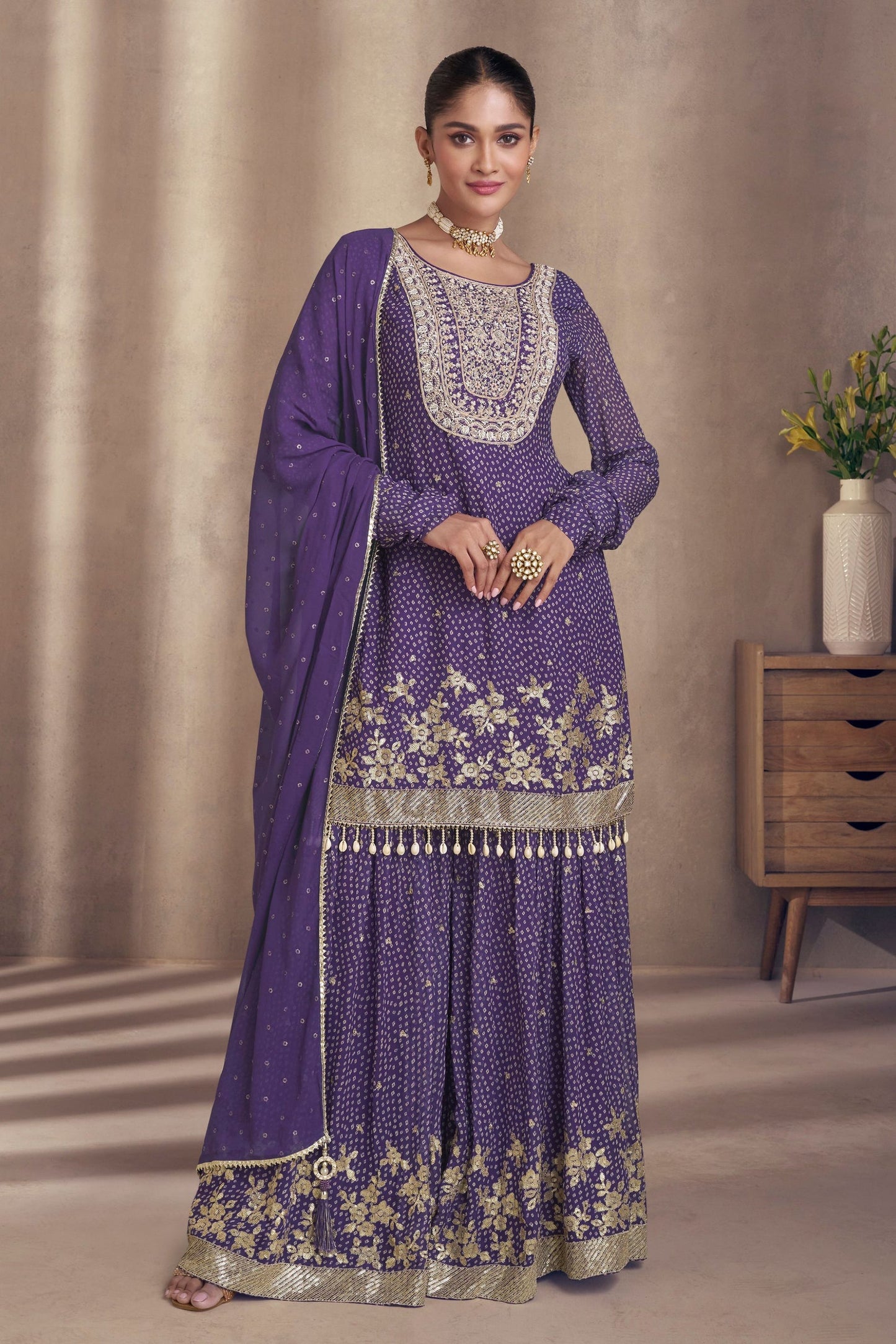 Purple Chinon Silk Sharara Suit - Embroidery Work