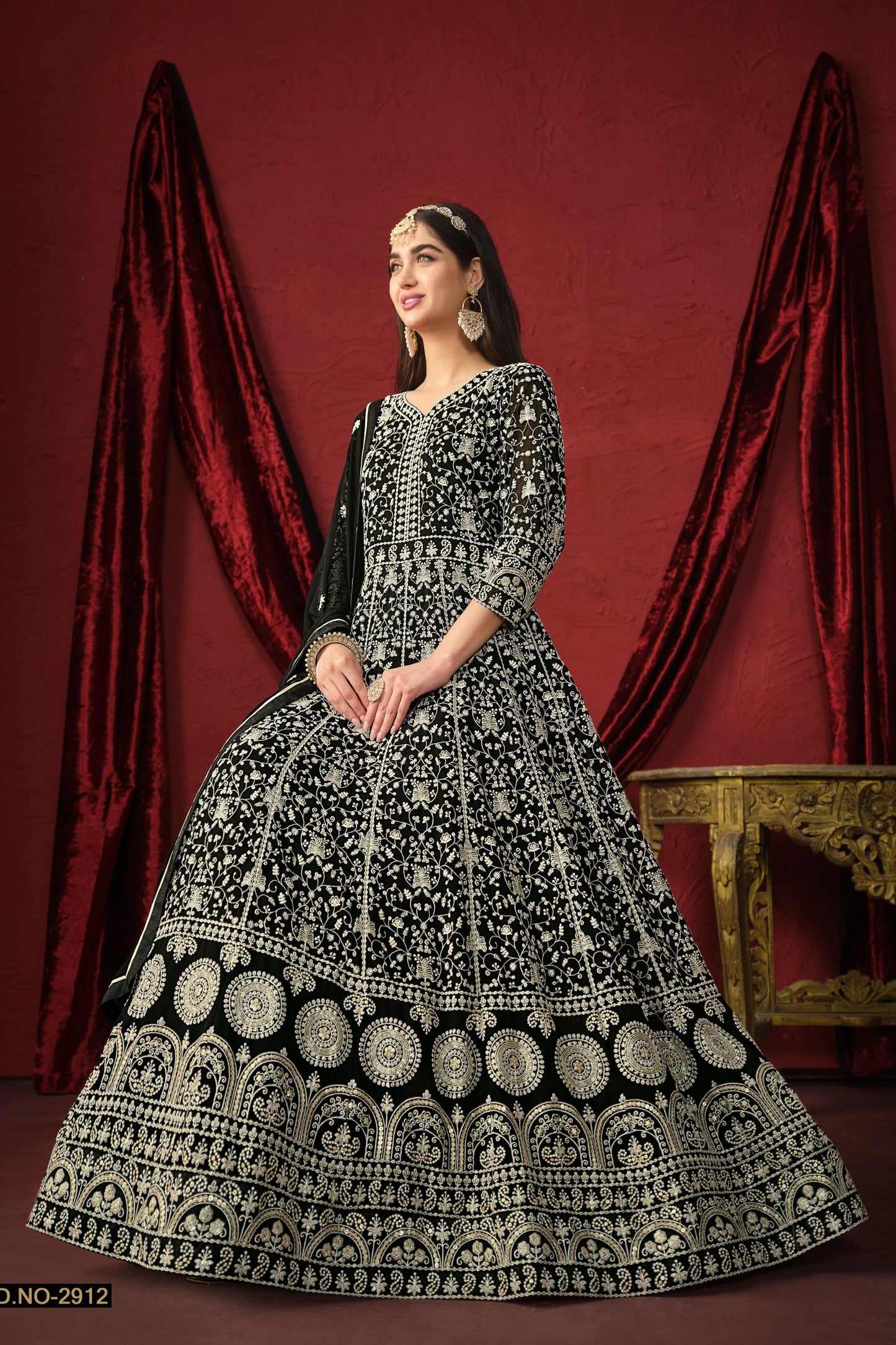Black Georgette Full Floor Length Anarkali Gown For  Festivals & Weddings - Thread Embroidery Work