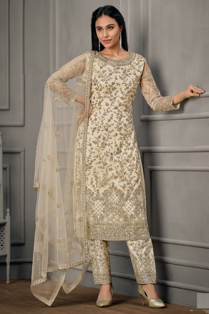 Cream Net salwar with Pant - Embroidery Work