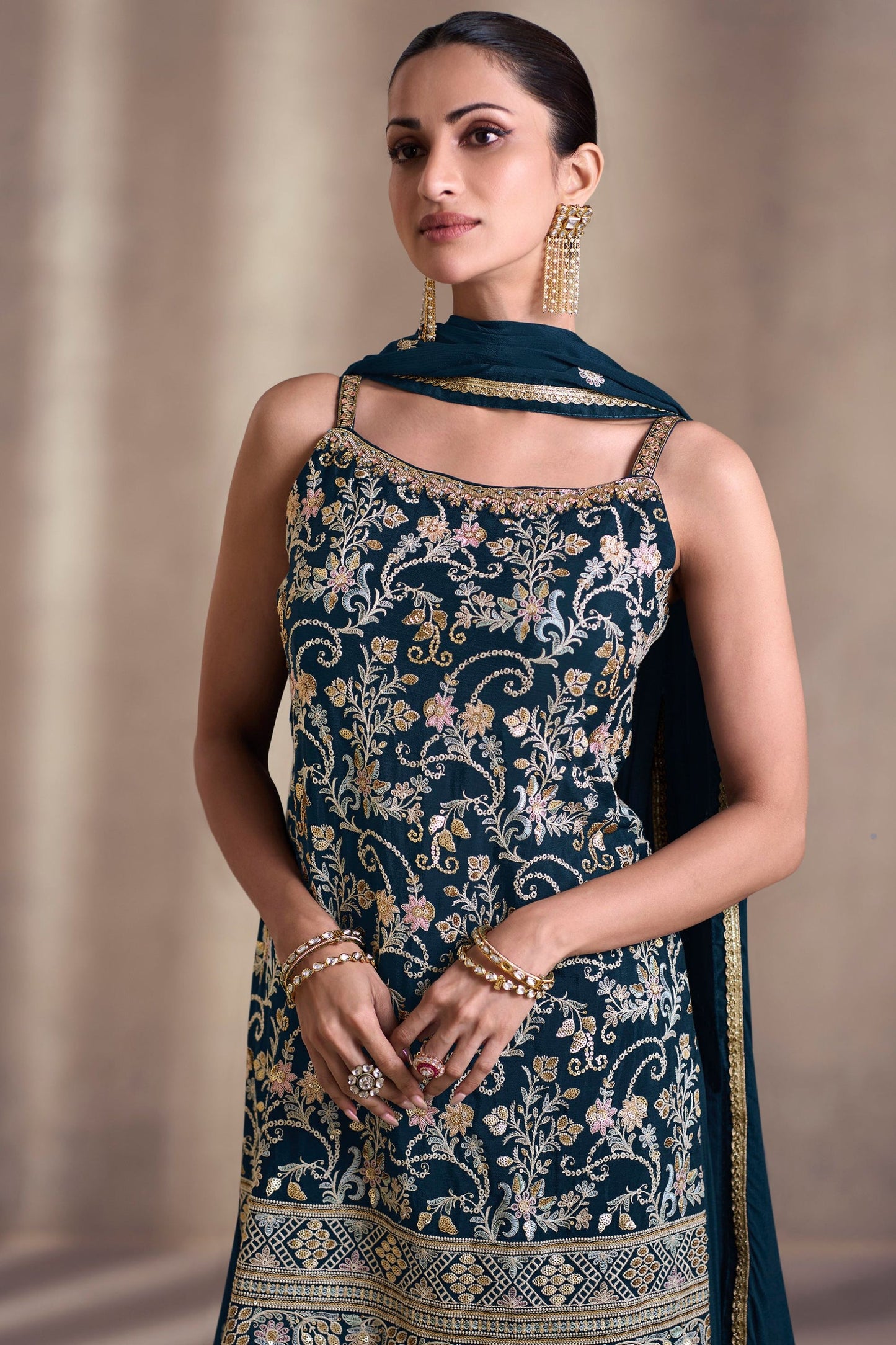 Navy Blue Chinon Silk Palazzo Suits for  Festival &  Wedding - Embroidery Work