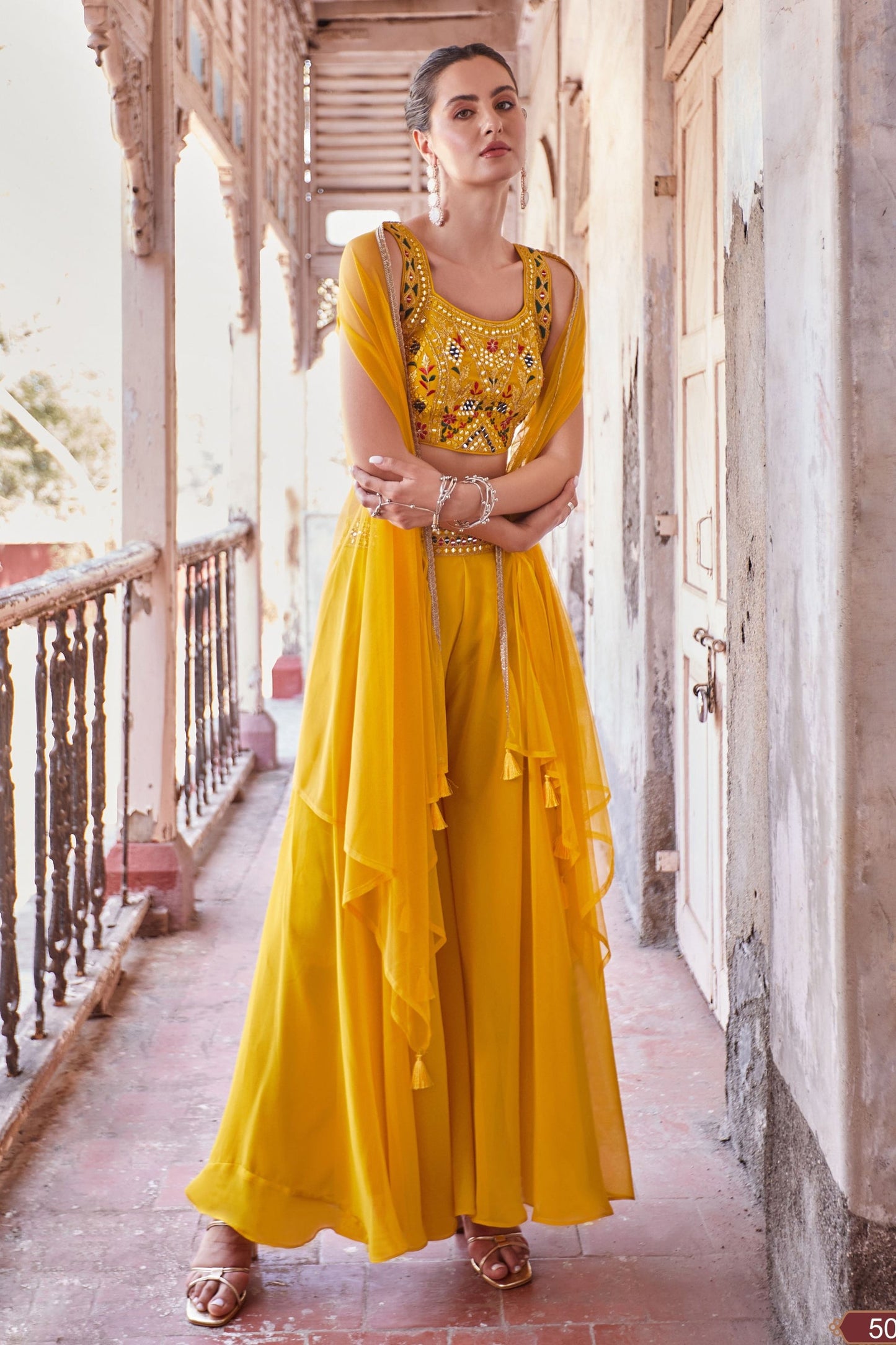 Yellow Georgette Palazzo Choli For Festivals & Weddings - Thread Embroidery Work, Hand Embellishment, Mirror Work
