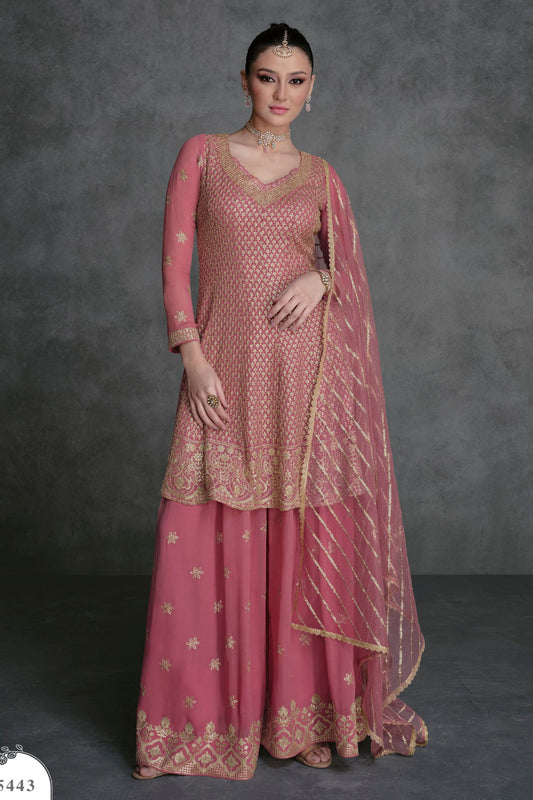 Pink Georgette Plazo Suits For Festivals & Weddings - Embroidery Work