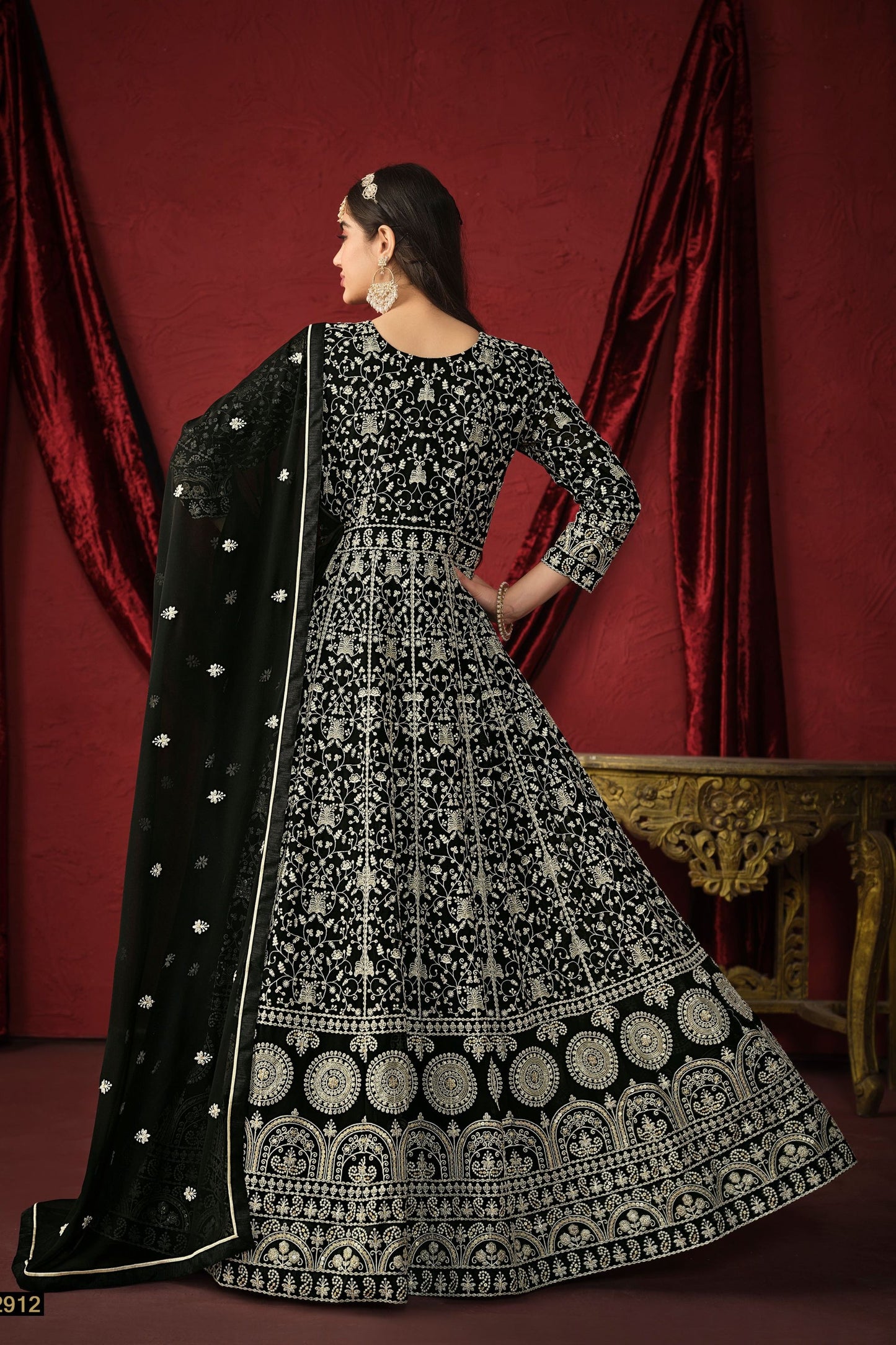 Black Georgette Full Floor Length Anarkali Gown For  Festivals & Weddings - Thread Embroidery Work