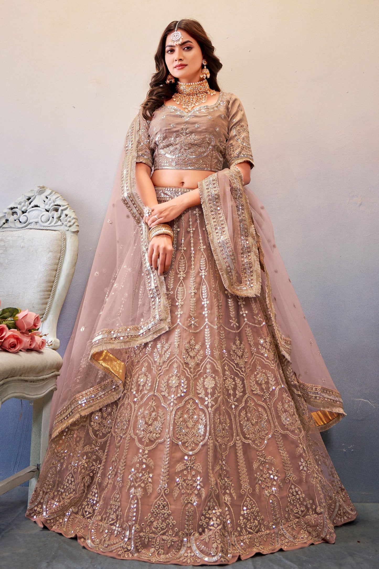 Tan Color Georgette Lehenga Choli For  Festivals & Weddings - Sequence Embroidery Work
