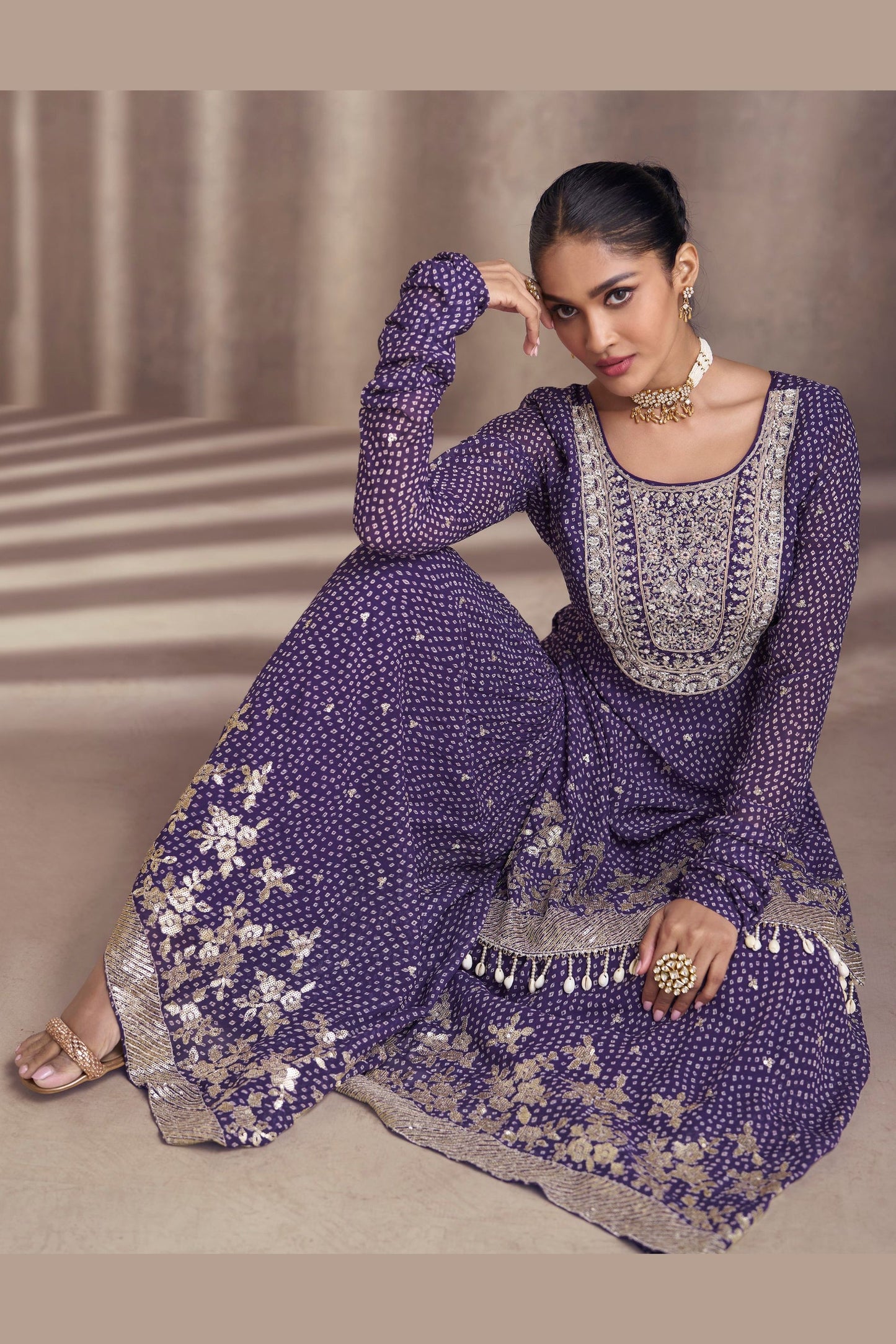 Purple Chinon Silk Sharara Suit - Embroidery Work