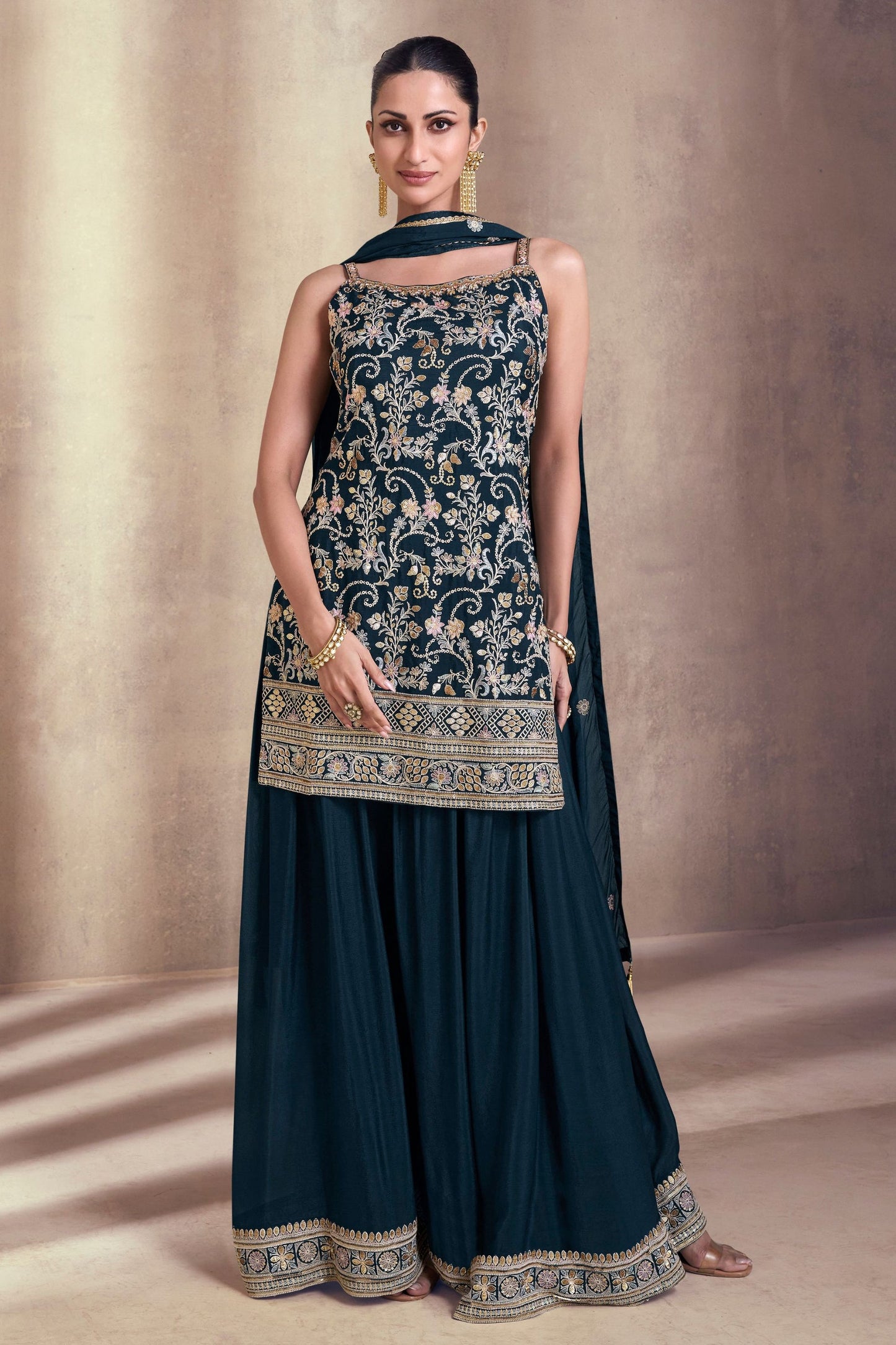 Navy Blue Chinon Silk Palazzo Suits for  Festival &  Wedding - Embroidery Work