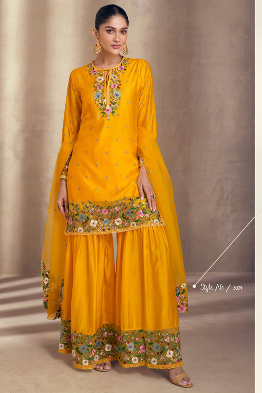Yellow Real Silk Sharara Kameez Suit - Embroidery Work