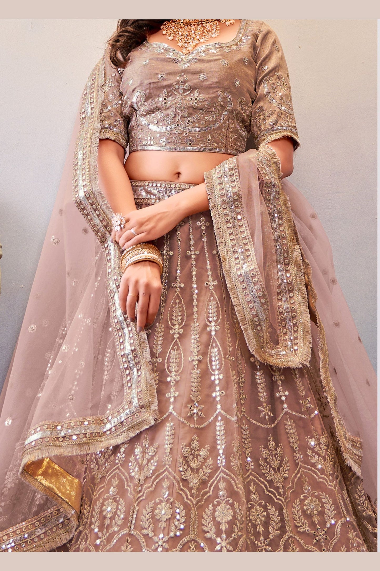 Tan Color Georgette Lehenga Choli For  Festivals & Weddings - Sequence Embroidery Work