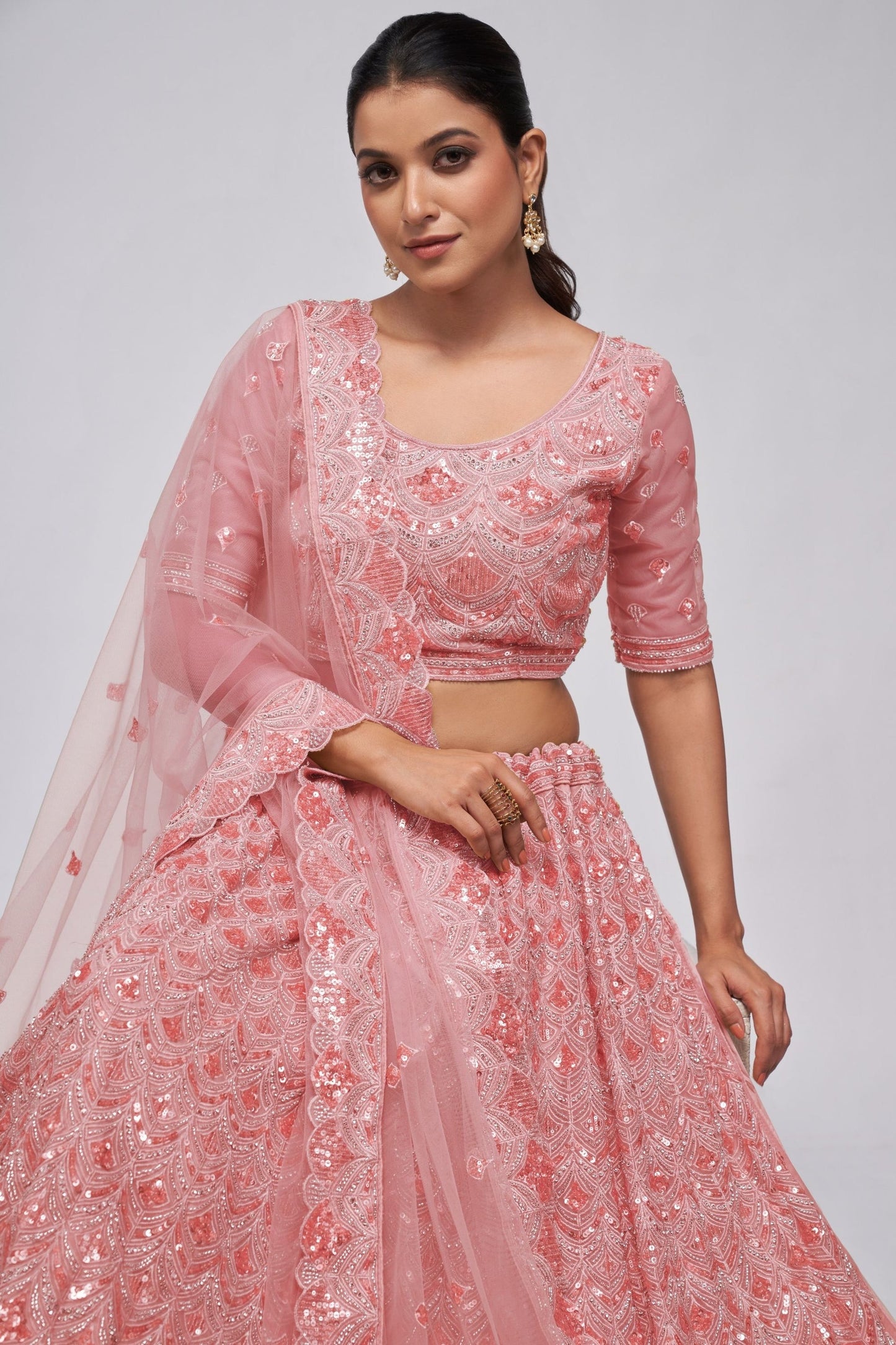 Odette Pink Net Lehenga Choli For  Festivals & Weddings - Sequence Embroidery Work, Bead Work, Zarkan Work