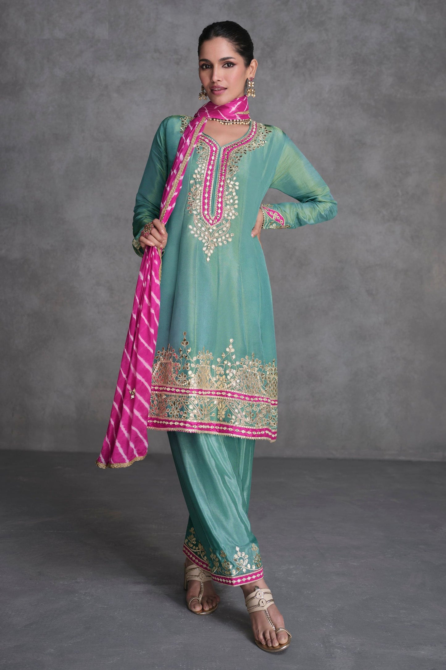 Green Organza Salwar suit - Embroidery Work