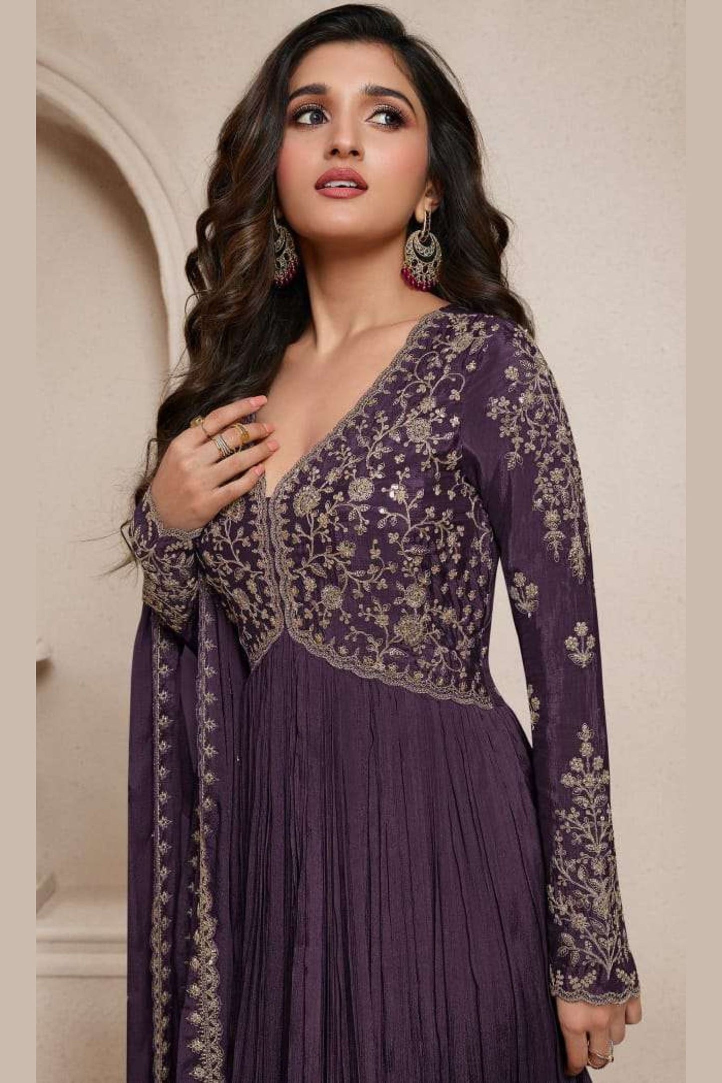 Wine Chinon Silk Anarkali Suit For  Festivals &  Weddings Dress - Embroidery Work