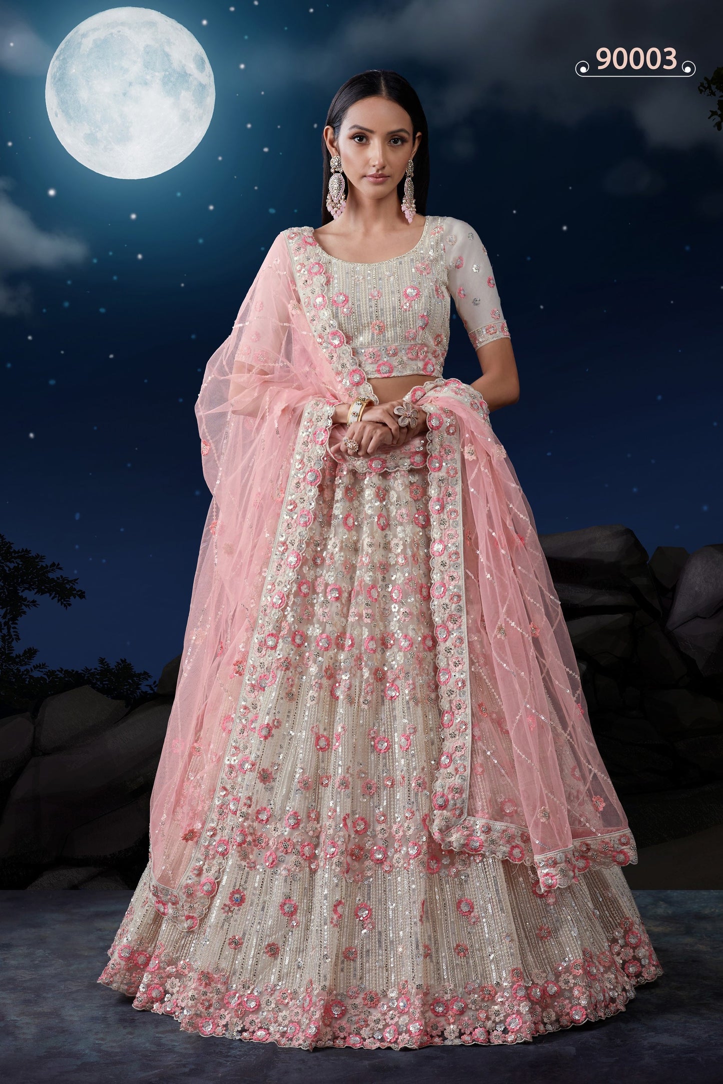 White Net Lehenga Choli For Festivals & Weddings - Sequence Embroidery Work, Zarkan Work, Thread Embroidery Work