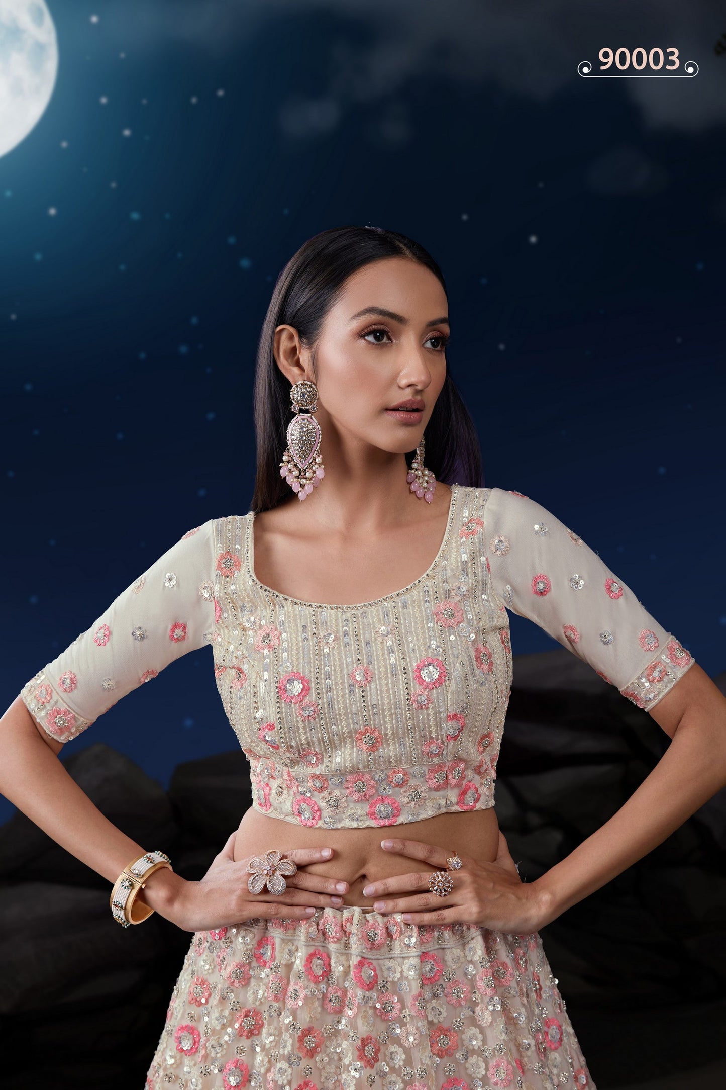 White Net Lehenga Choli For Festivals & Weddings - Sequence Embroidery Work, Zarkan Work, Thread Embroidery Work