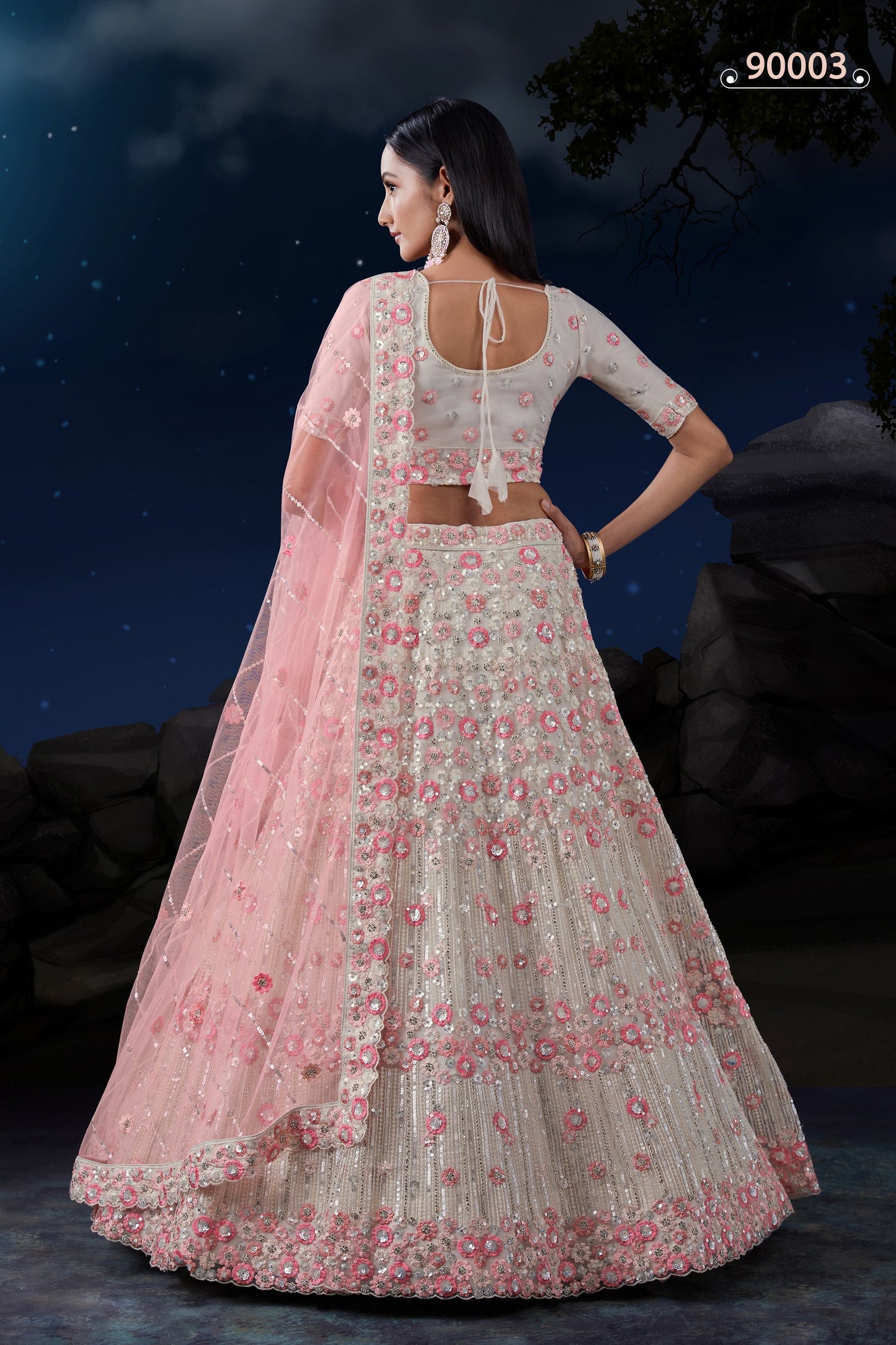 White Net Lehenga Choli For Festivals & Weddings - Sequence Embroidery Work, Zarkan Work, Thread Embroidery Work