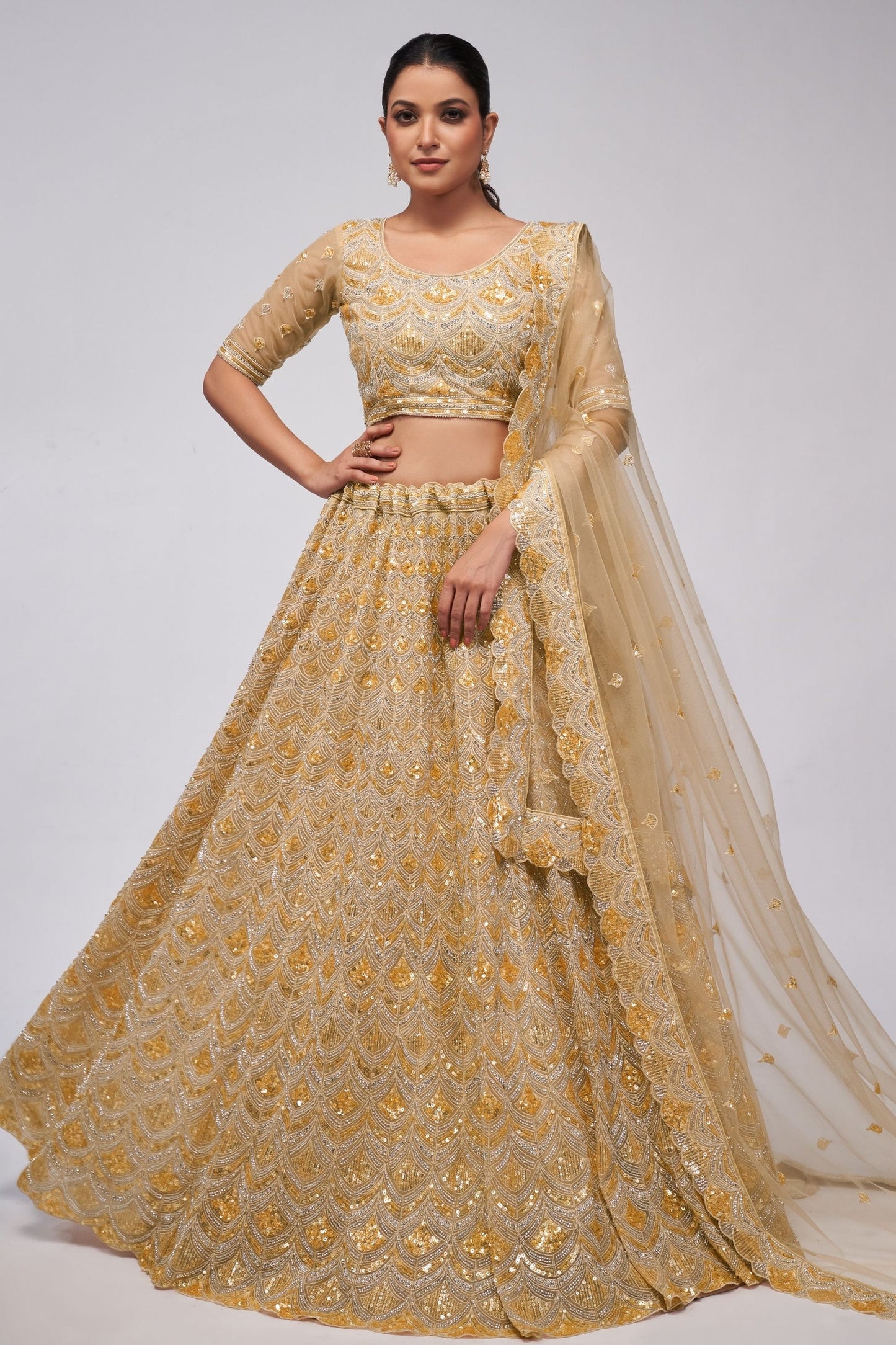 Gold Net Lehenga Choli For  Festivals & Weddings - Sequence Embroidery Work, Bead Work, Zarkan Work