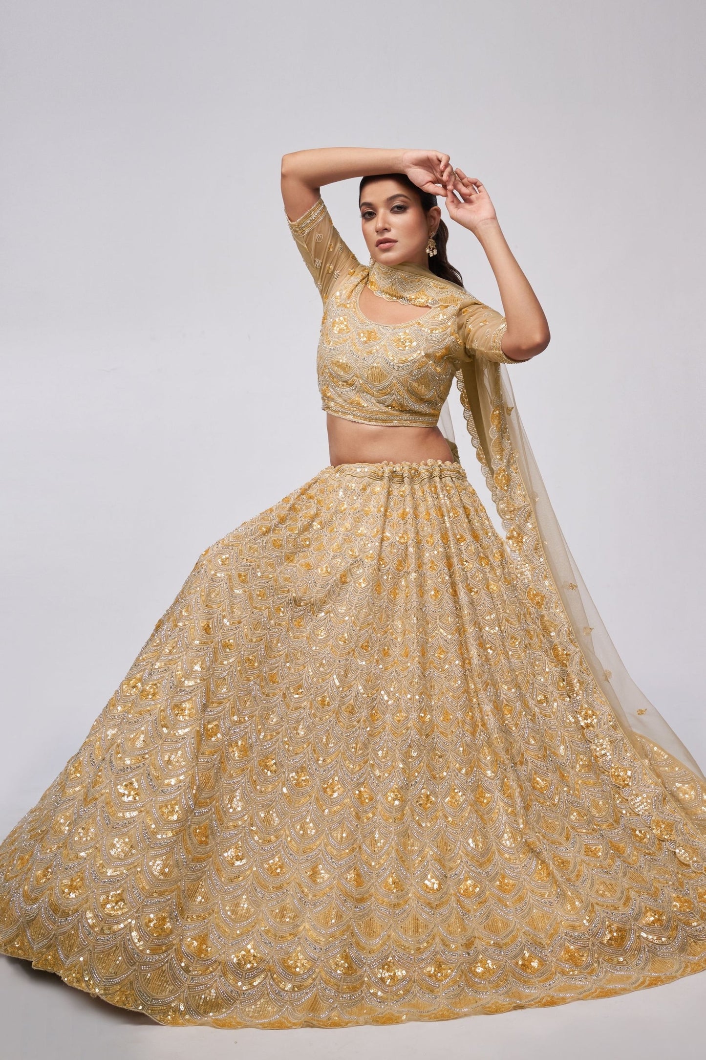 Gold Net Lehenga Choli For  Festivals & Weddings - Sequence Embroidery Work, Bead Work, Zarkan Work