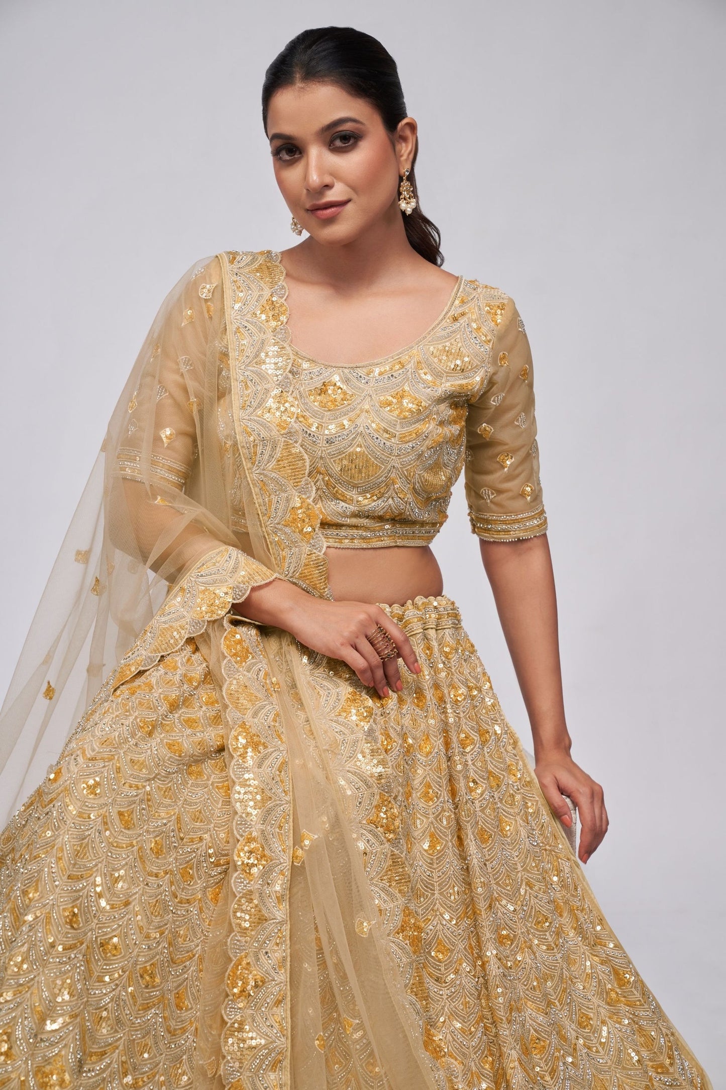 Gold Net Lehenga Choli For  Festivals & Weddings - Sequence Embroidery Work, Bead Work, Zarkan Work