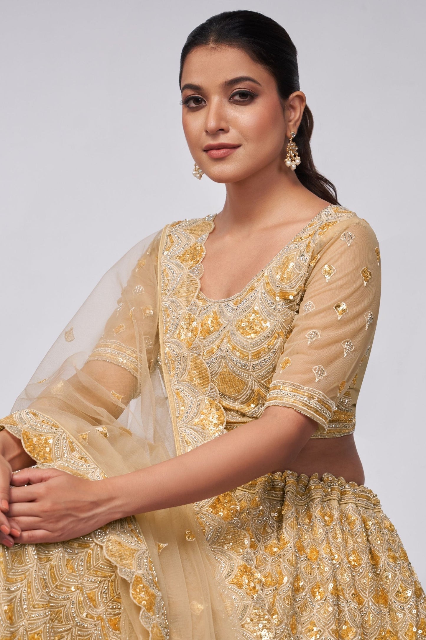 Gold Net Lehenga Choli For  Festivals & Weddings - Sequence Embroidery Work, Bead Work, Zarkan Work