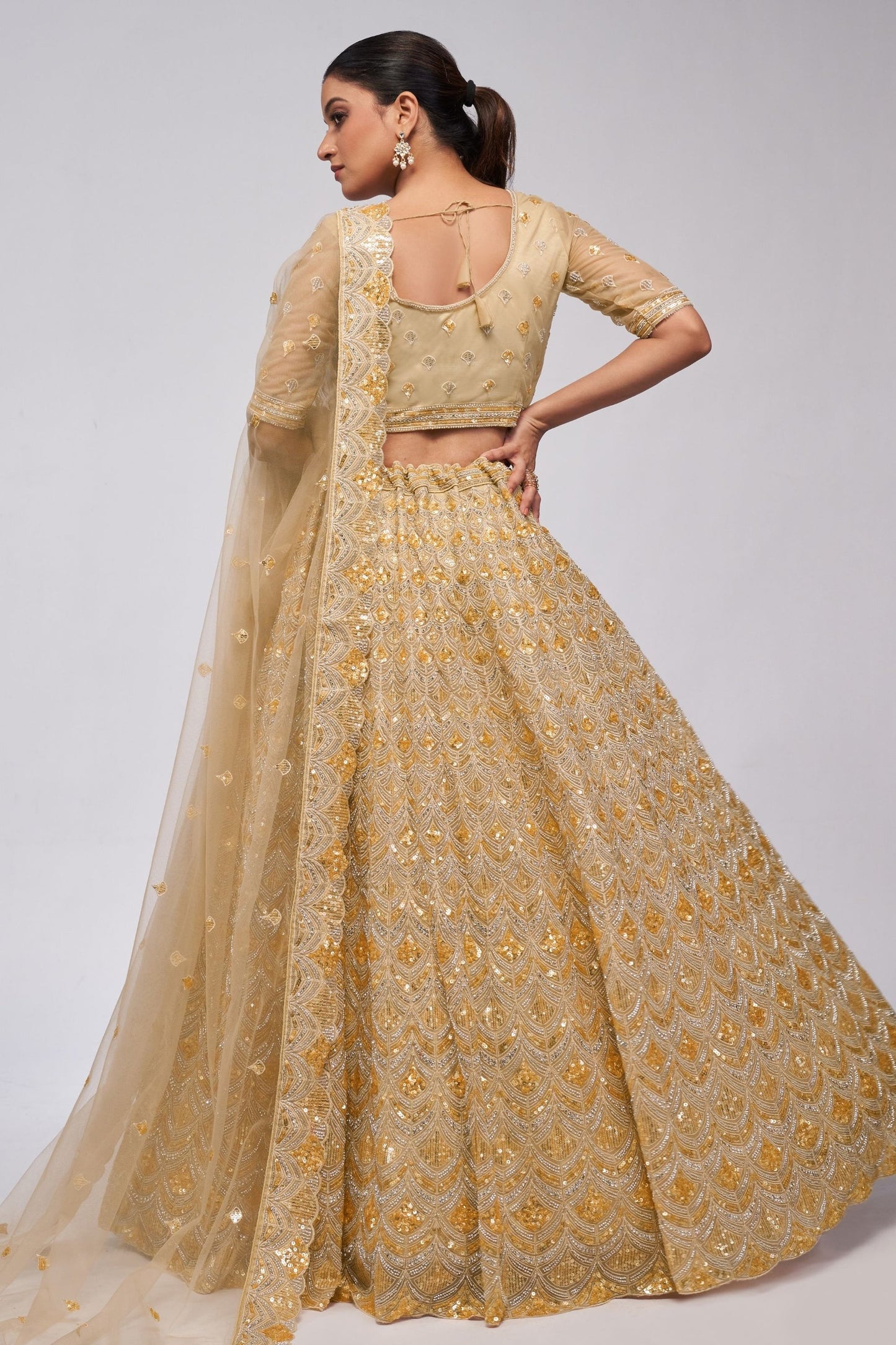 Gold Net Lehenga Choli For  Festivals & Weddings - Sequence Embroidery Work, Bead Work, Zarkan Work