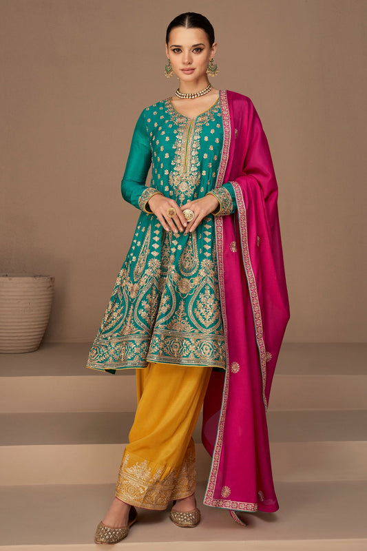 Teal Chinon Silk salwar Suit - Thread Embroidery Work
