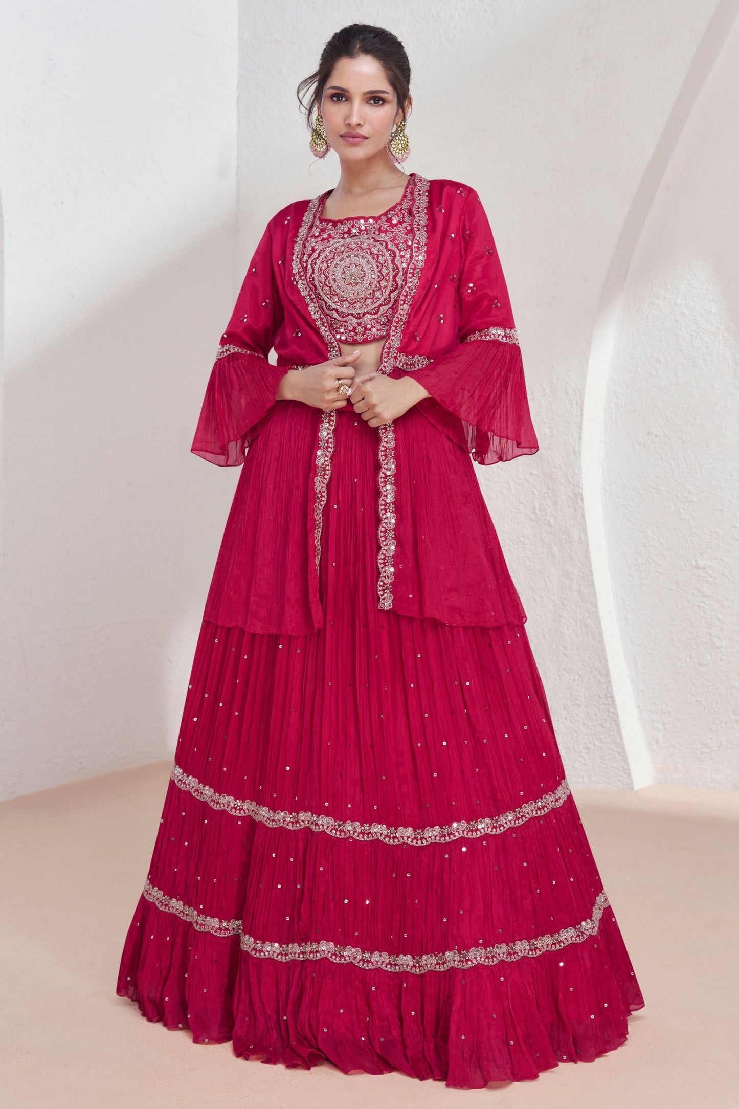 Reddish Pink Georgette Lehenga Choli with Koti For Wedding &  Festival - Embroidery Work