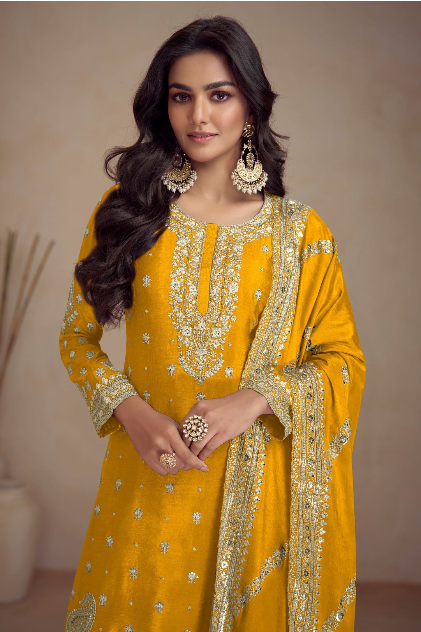 Yellow Chinon Silk Plazo Suit For Weddings & Festival - Embroidery Work