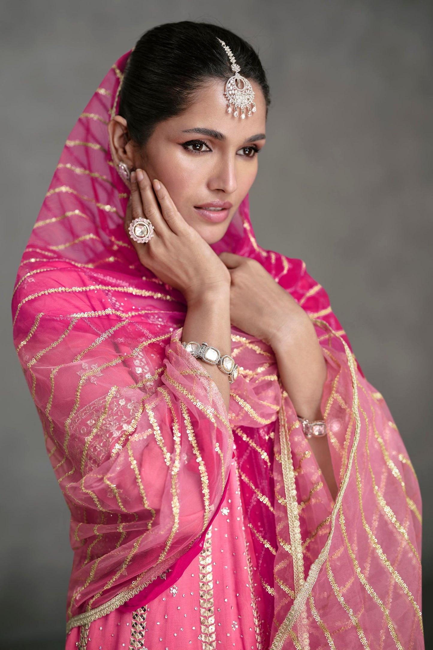 Pink Georgette Dual Tone Plazo Suit For Indian Festivals & Pakistani Weddings - Embroidery Work
