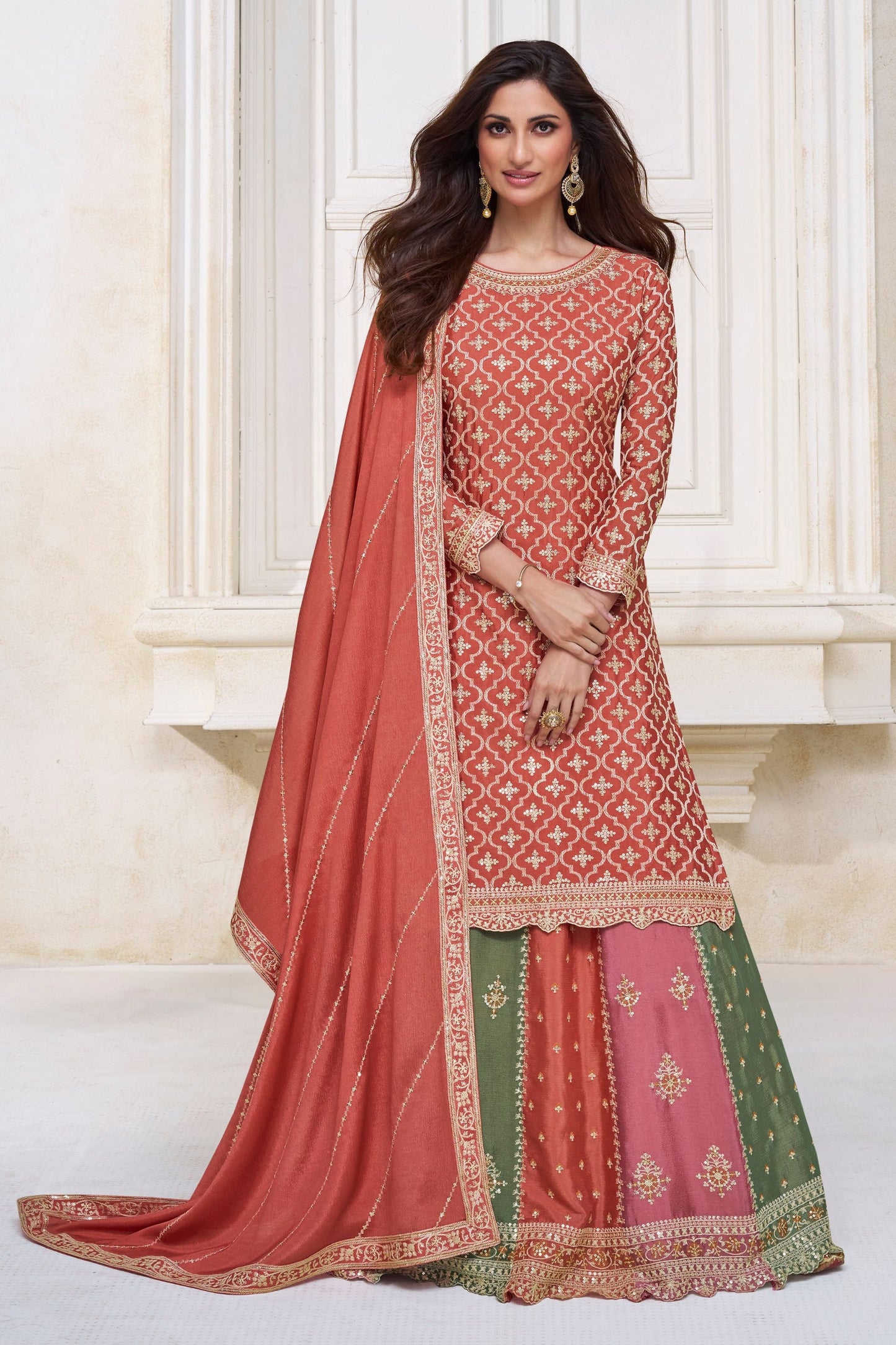 Orange Chinon Silk Salwar suit with Skirt - Embroidery Work