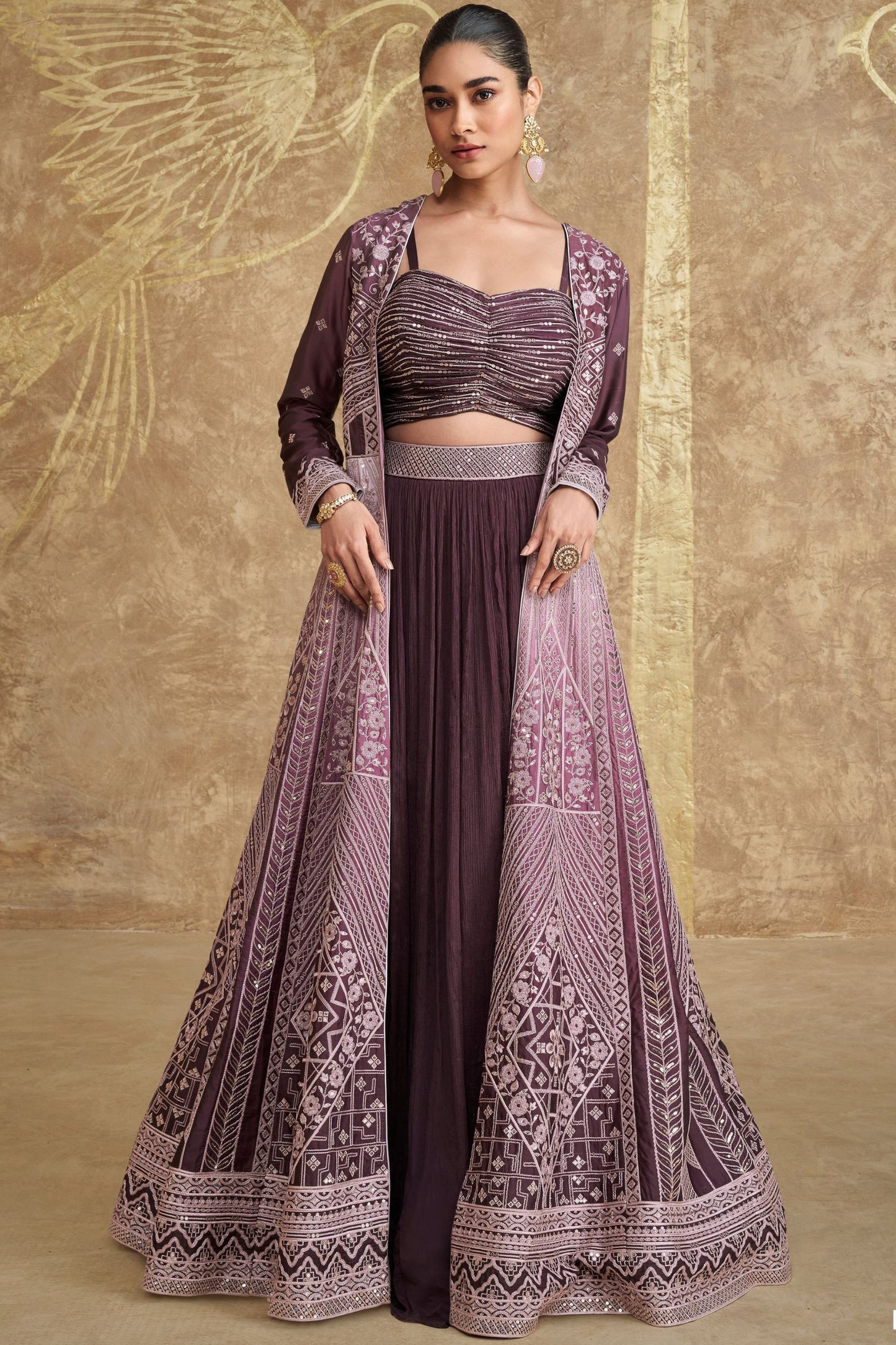 Dark Purple Chinon Silk Lengha Choli with Jacket For  Festivals &  Weddings Dress - Embroidery Work