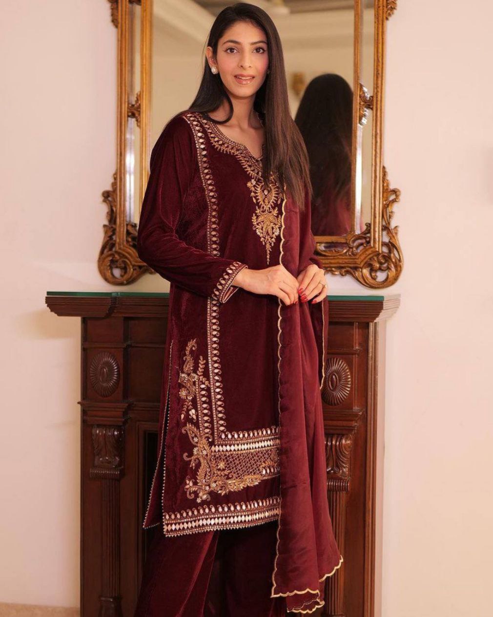 Beautiful Maroon Velvet Fancy Cording Squence Work Pant Suit With Dupatta