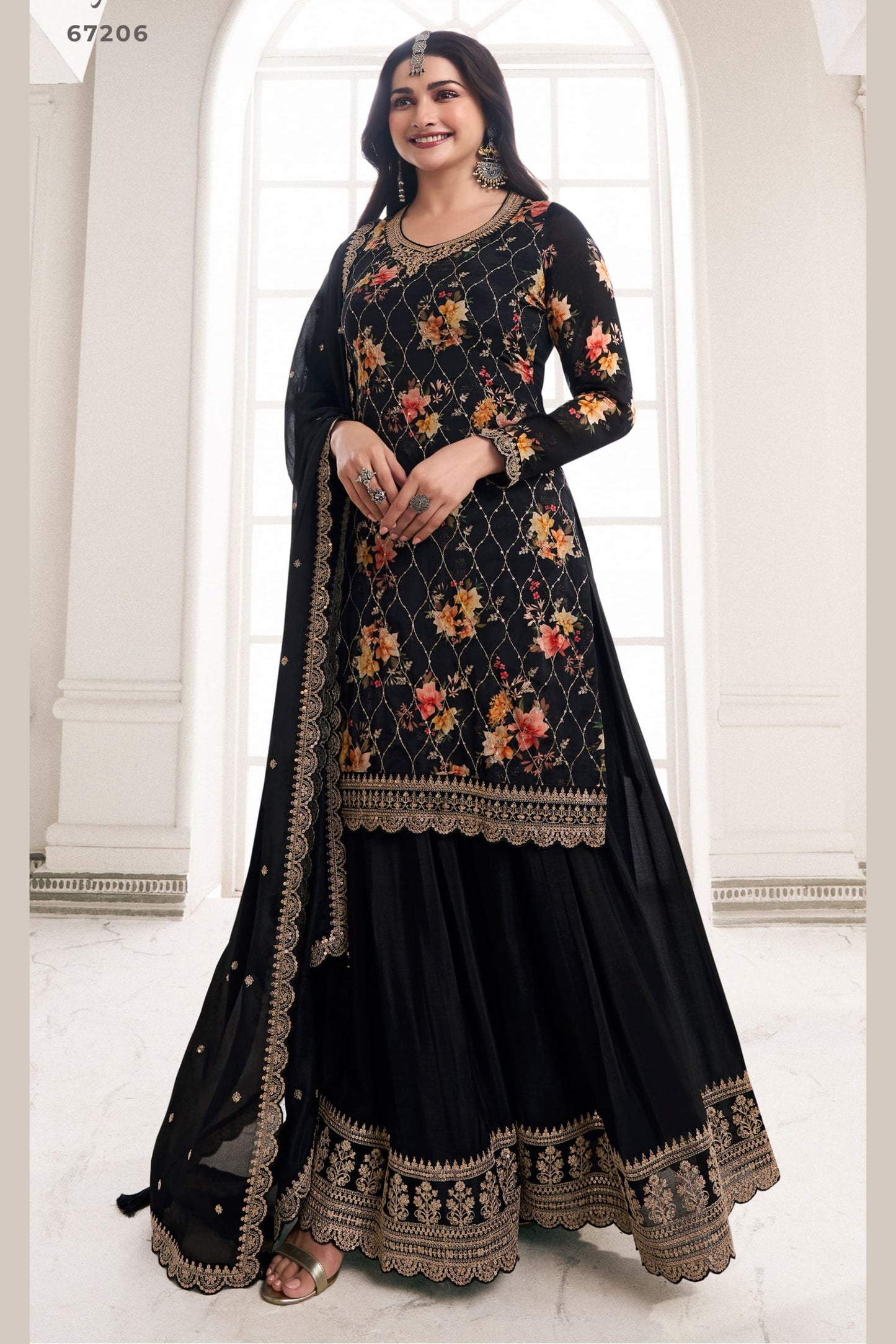 Black Chinon Silk Plus Size Floral Plazo Suit For Indian Festivals & Pakistani Weddings Dress - Embroidery Work, Print Work