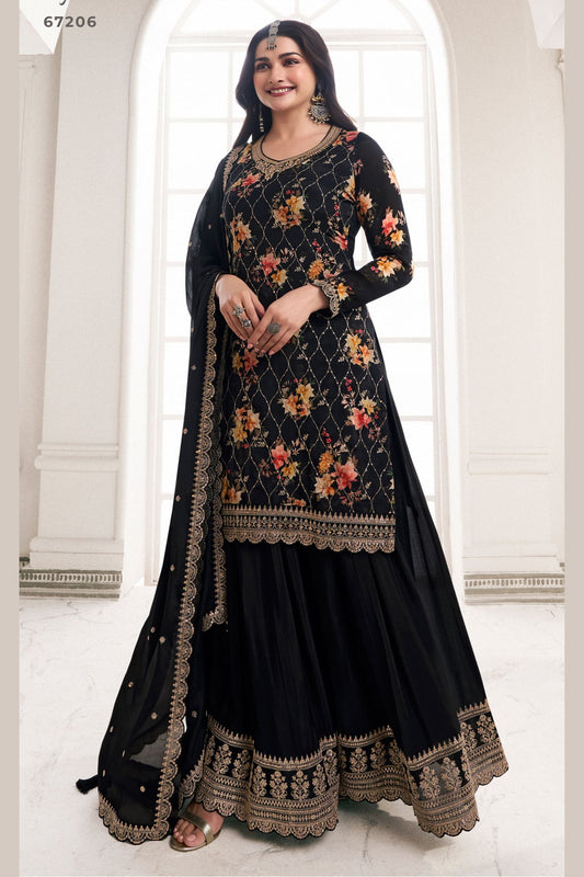 Black Chinon Silk Plus Size Floral Plazo Suit For Indian Festivals & Pakistani Weddings Dress - Embroidery Work, Print Work