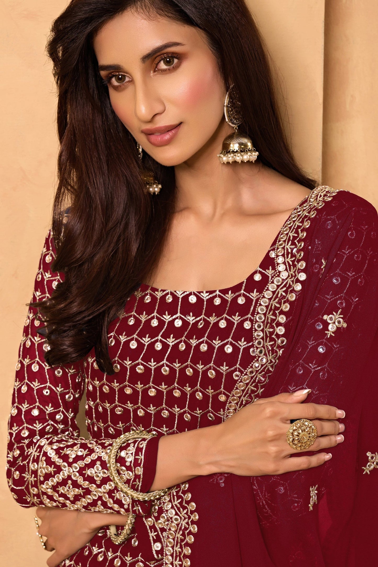 Red Georgette Suit - Sequence Embroidery Work, Zari Work