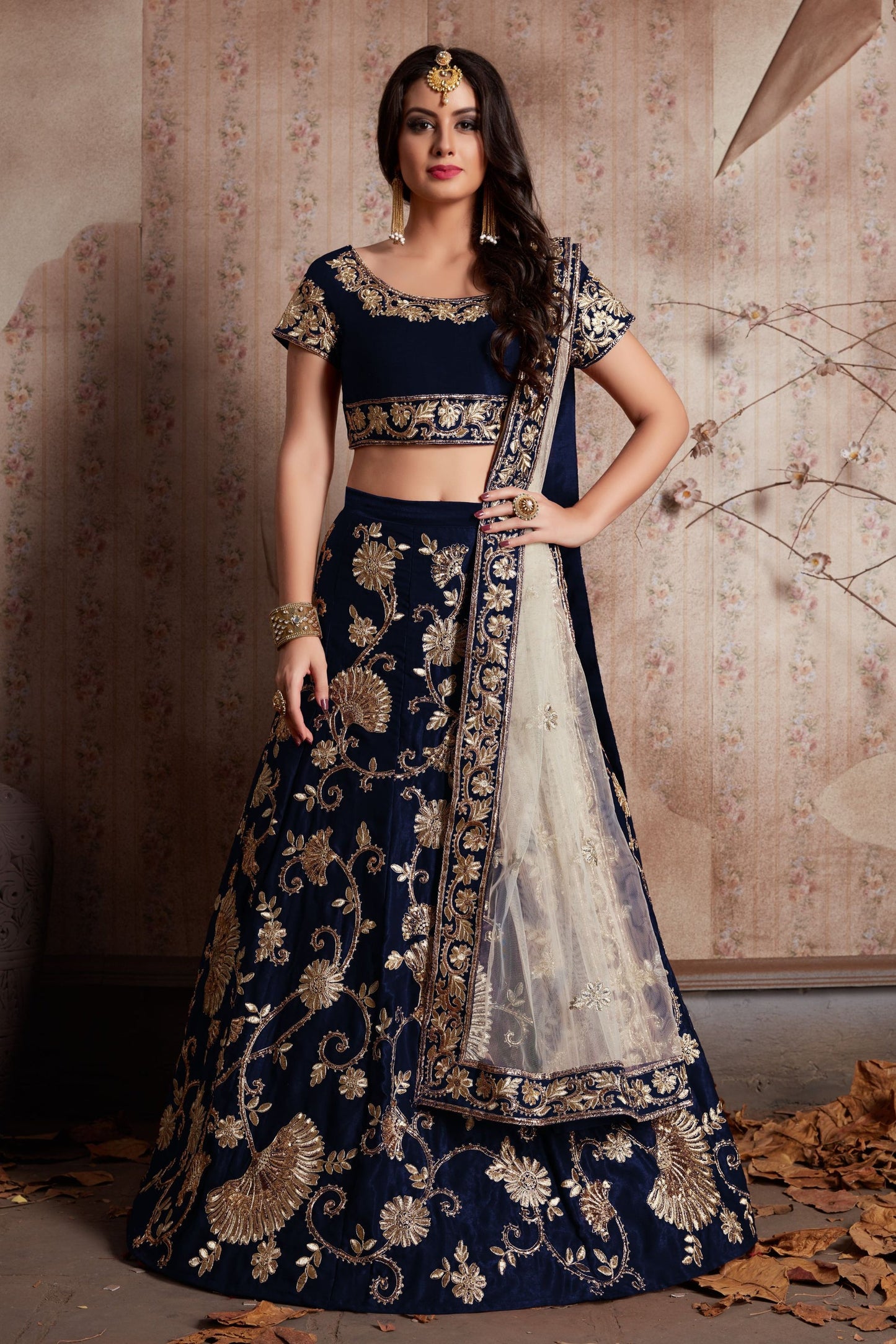 Blue Velvet Silk Lehenga Choli For Festival & Weddings - Sequence Embroidery Work, Lace Work, Zari Work