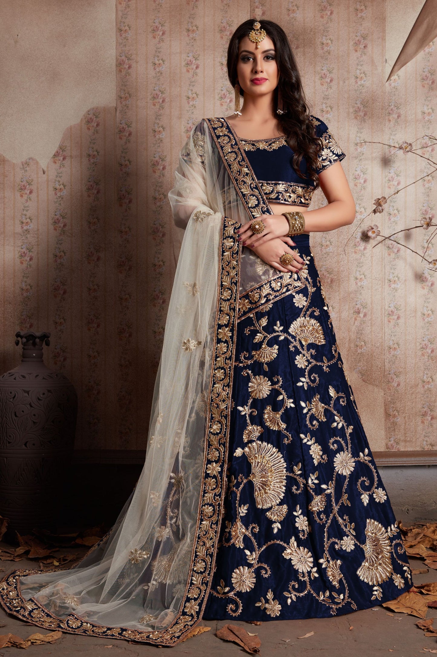 Blue Velvet Silk Lehenga Choli For Festival & Weddings - Sequence Embroidery Work, Lace Work, Zari Work