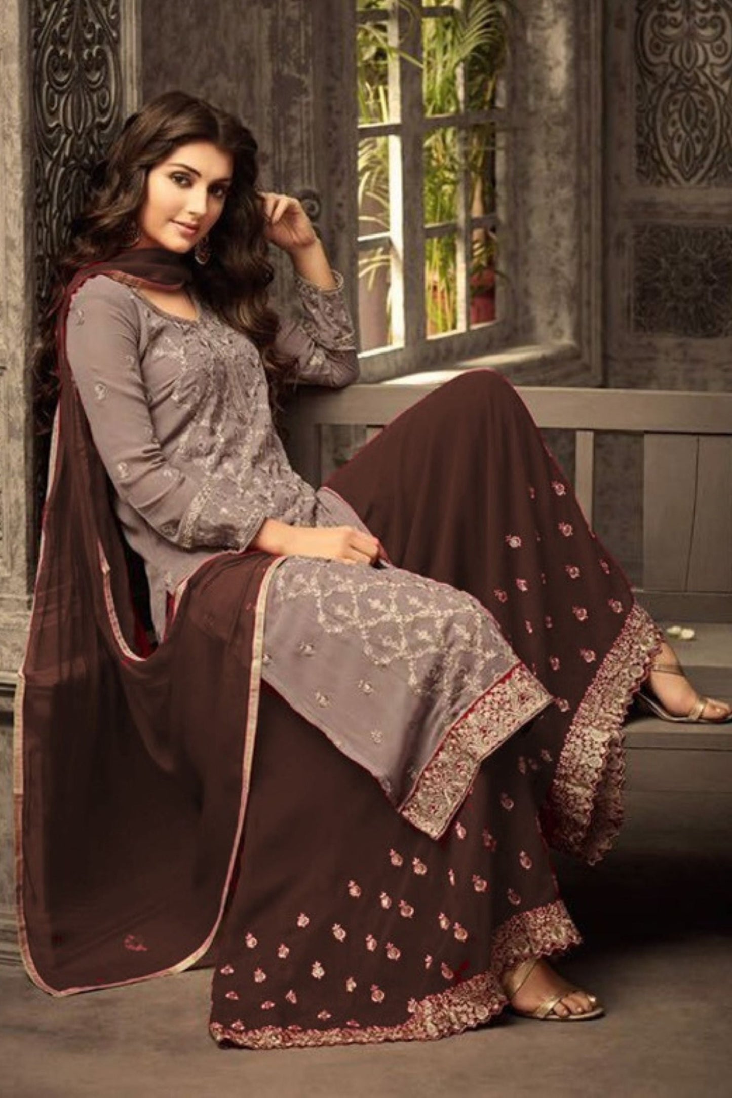 Yellow Chinon Silk Plazo Suit For Weddings & Festival - Embroidery Work